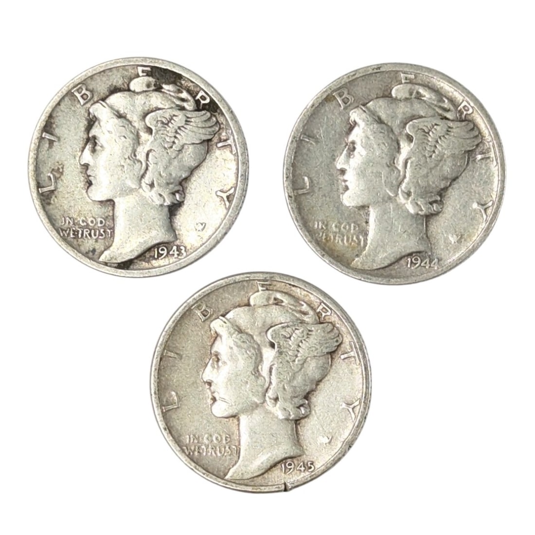 Lot of 3 Silver Mercury Dimes - 1943, 1944-S, 1945-D: Silver