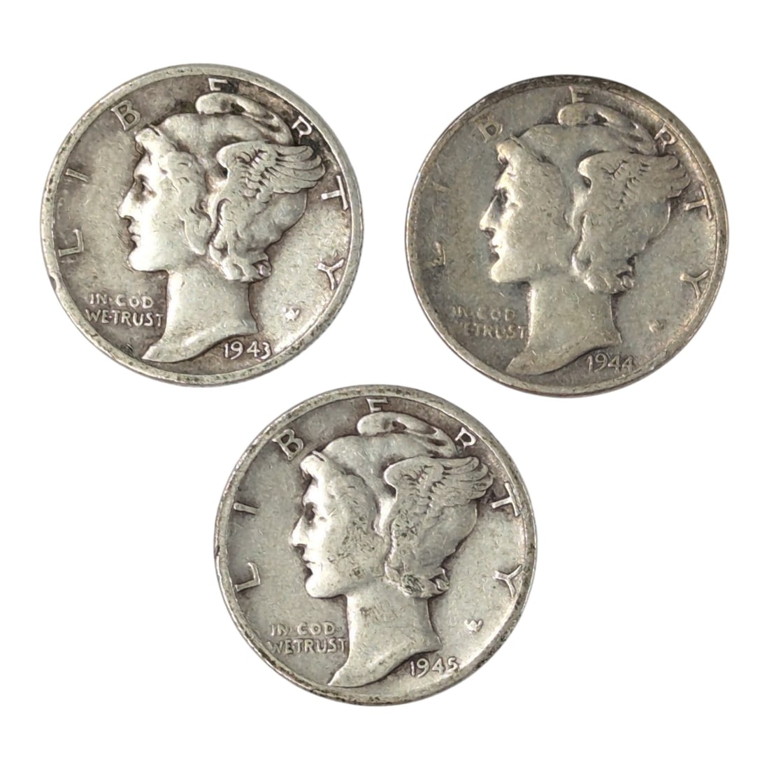 Lot of 3 Silver Mercury Dimes - 1943, 1944, 1945: Silver