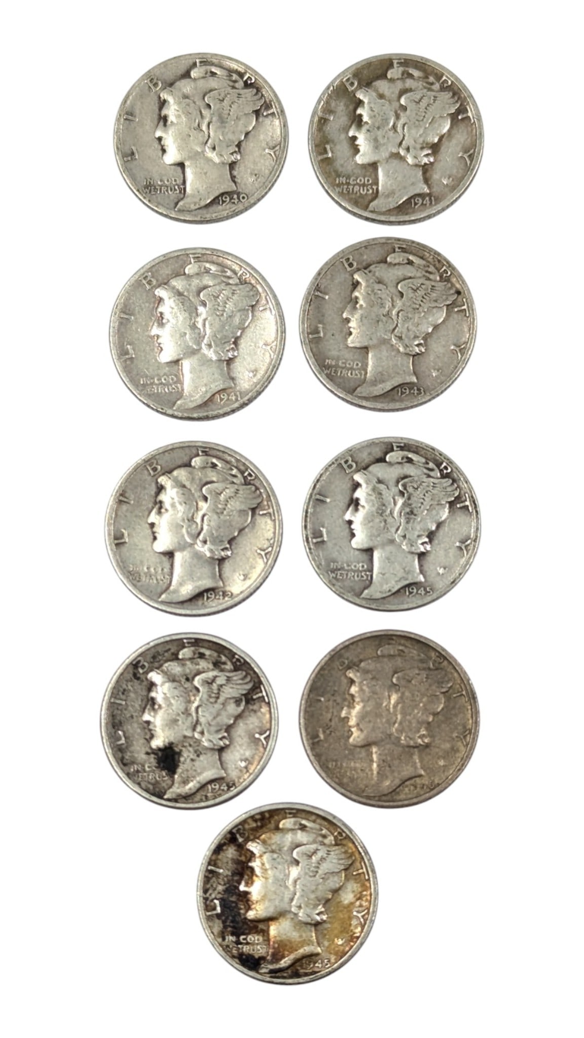 Lot of 9 Silver Mercury Dimes - 1940-1945: Some in poor condition >br> Silver