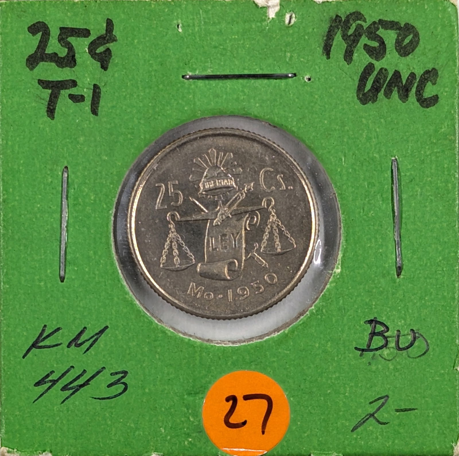 1950 Silver Mexican 25 Centavos Coin- Uncirculated (1 of 2)