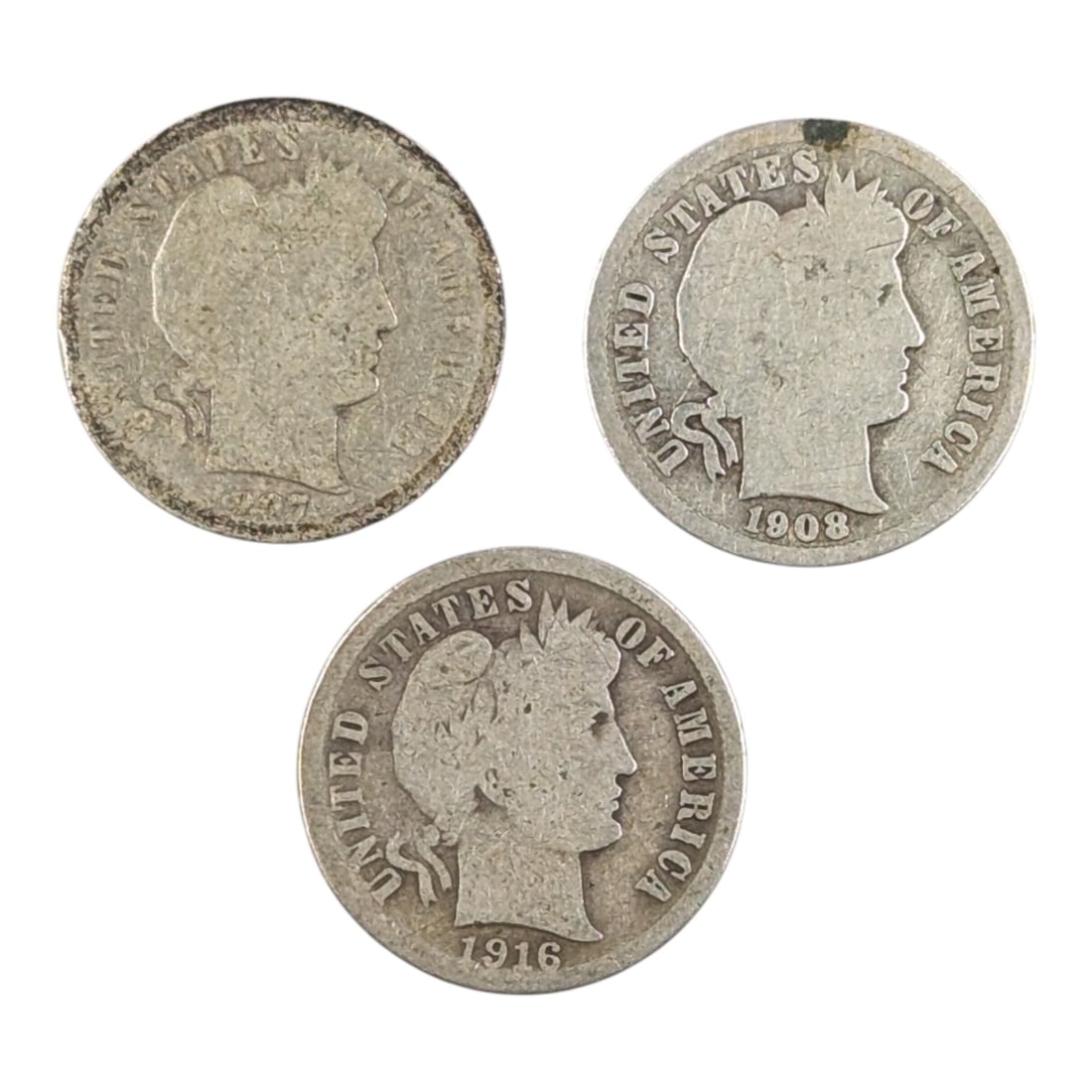 Lot of 3 Silver Barber Dimes - 1907, 1908-D, 1916-S (1 of 2)