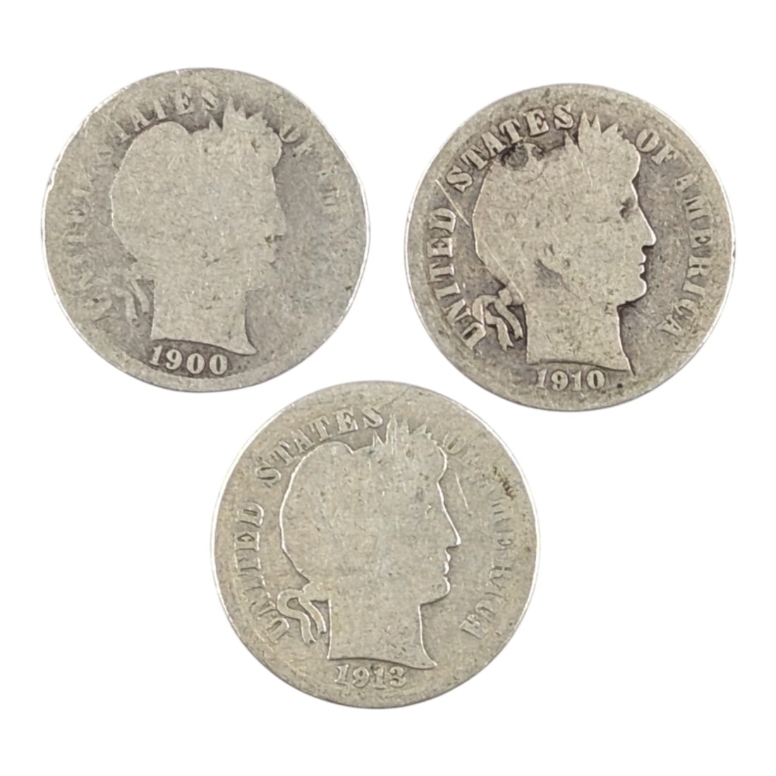 Lot of 3 Silver Barber Dimes - 1900, 1910-D, 1913 (1 of 2)