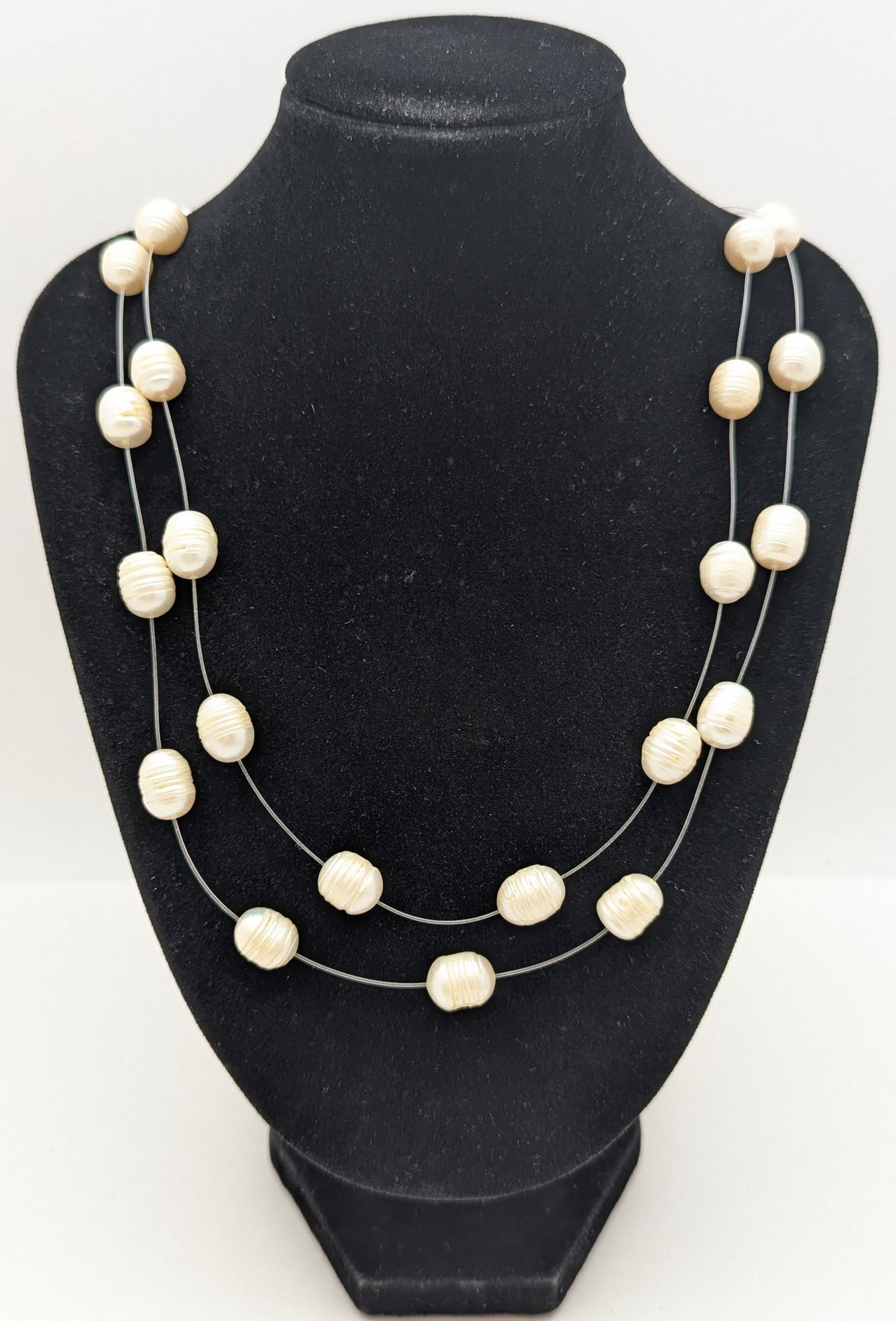 White Beaded Invisible Necklace w/ Sterling Silver Clasp: Length: 18-20in