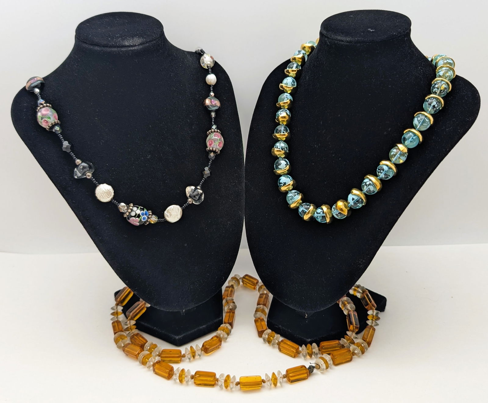 Lot of 3 Beaded Ladies Necklaces - Floral Blacks, Blue/Gold tones, Orange: Jewelry