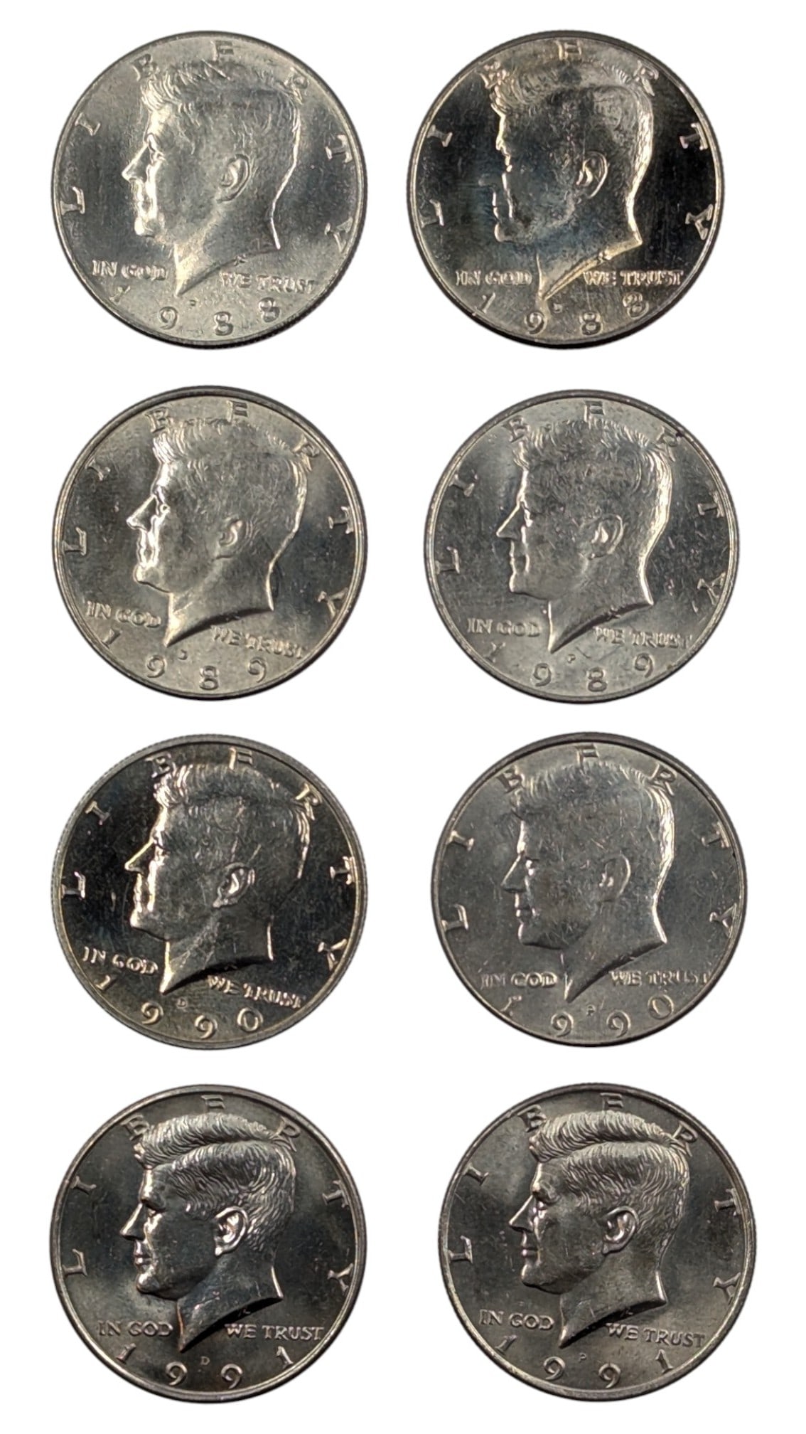 Lot of 8 John F Kennedy Half Dollars - 1988-1991 (1 of 2)