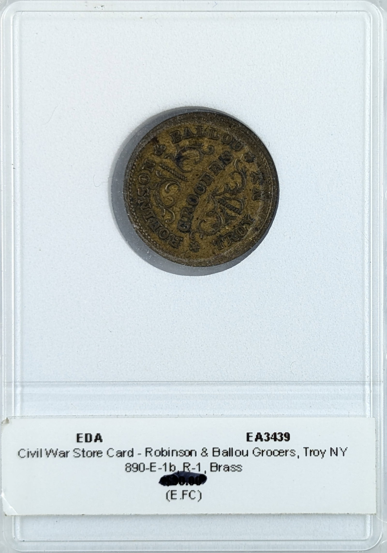 FEATURE 1863 Brass Civil War Card for Robinson & Ballou Grocers in NY: FEATURE
