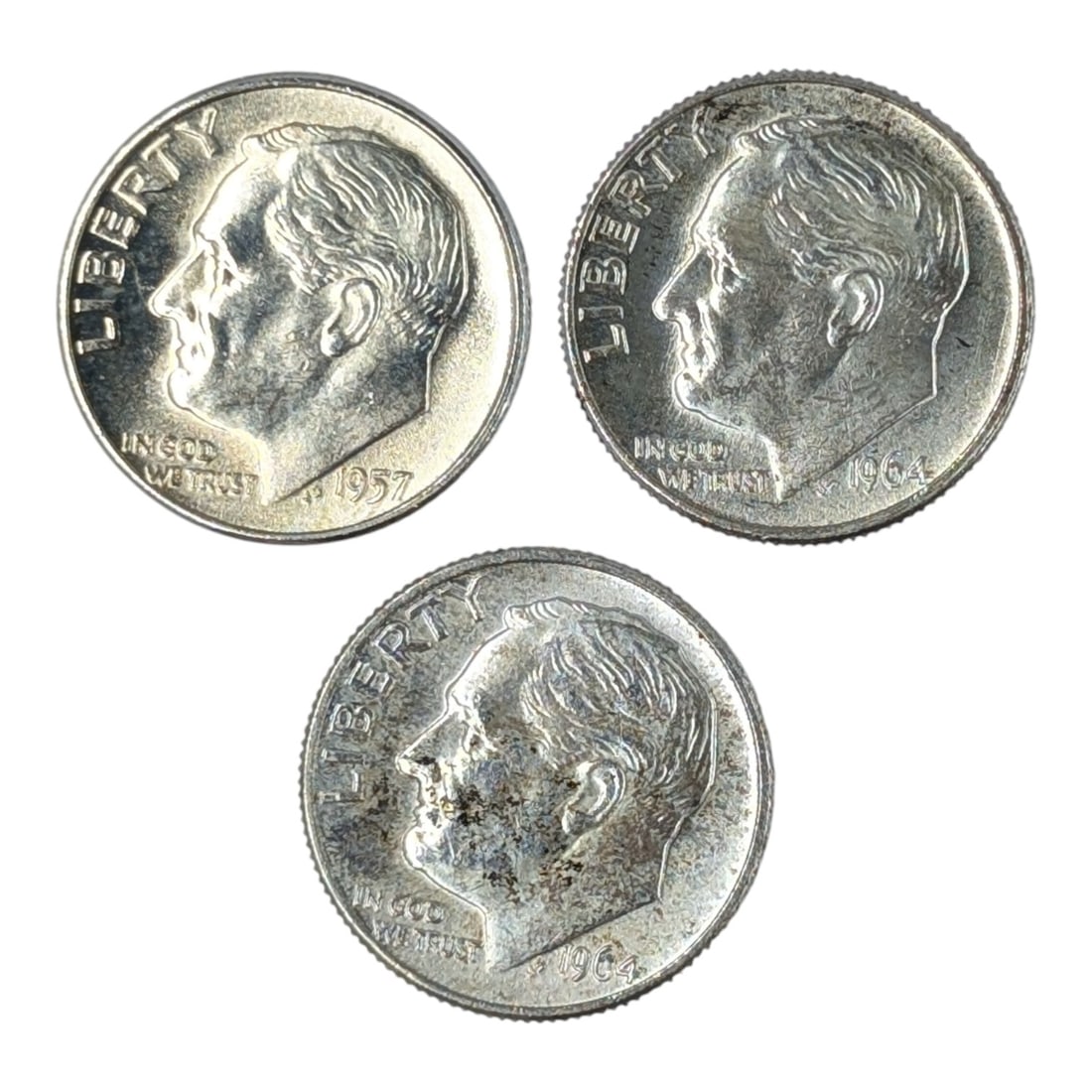 Lot of 3 Silver Roosevelt Dimes - 1957, 1964(2) (1 of 2)