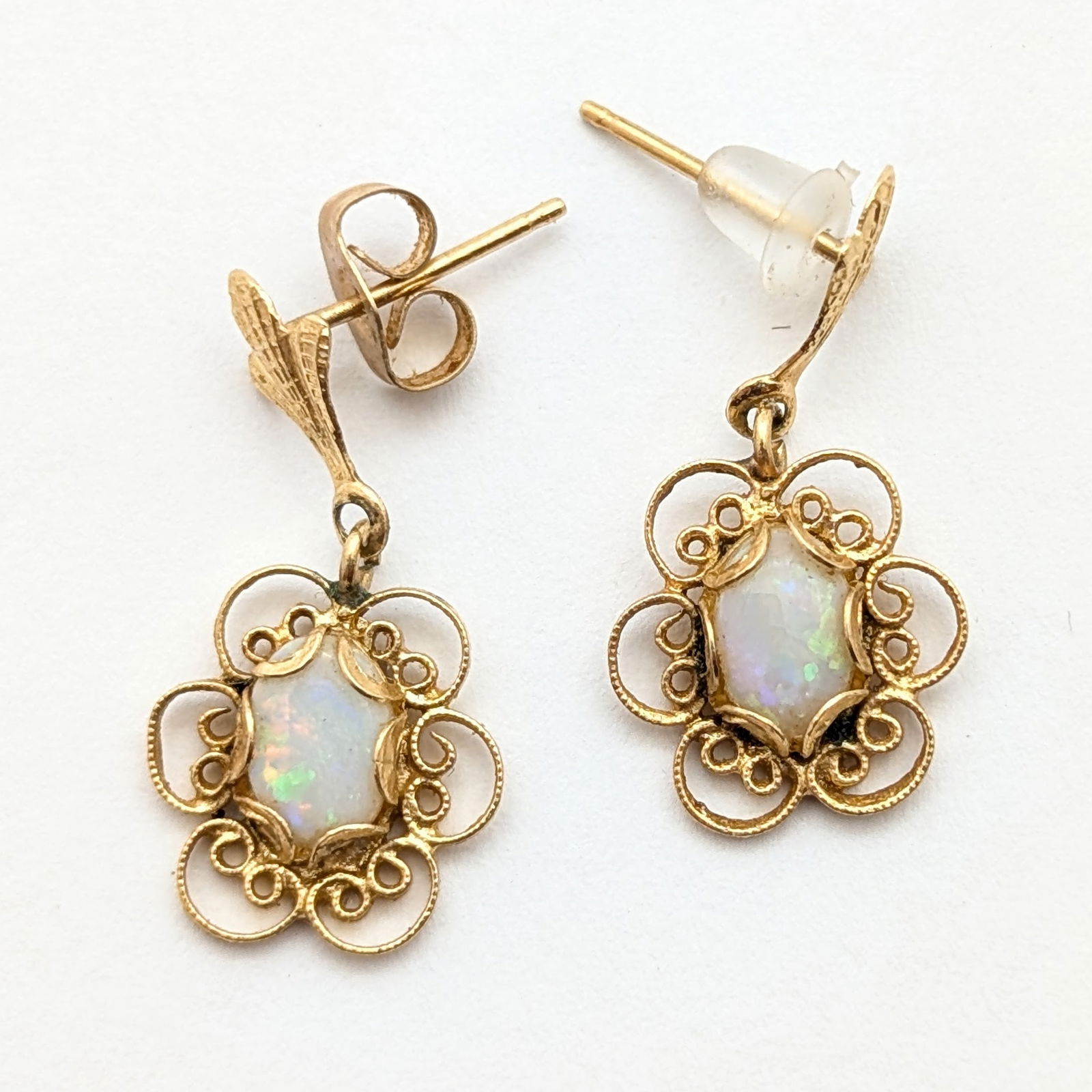 14K Gold Opal Filigree Ladies Earrings - 1.2g (1 of 7)
