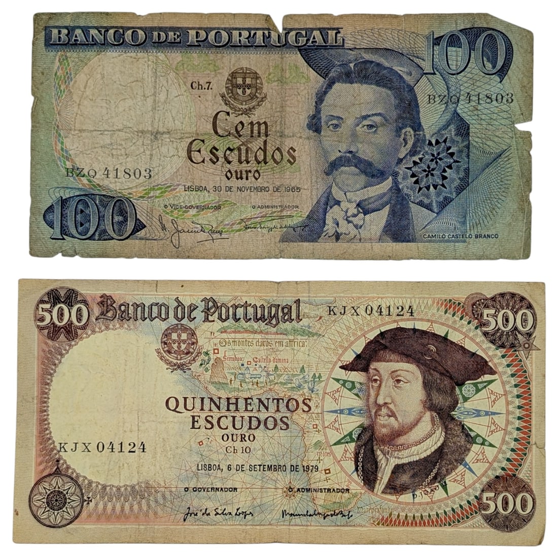 Lot of 2 Portugal Notes - 1965 $100 & 1979 $500: Heavily Circulated Condition