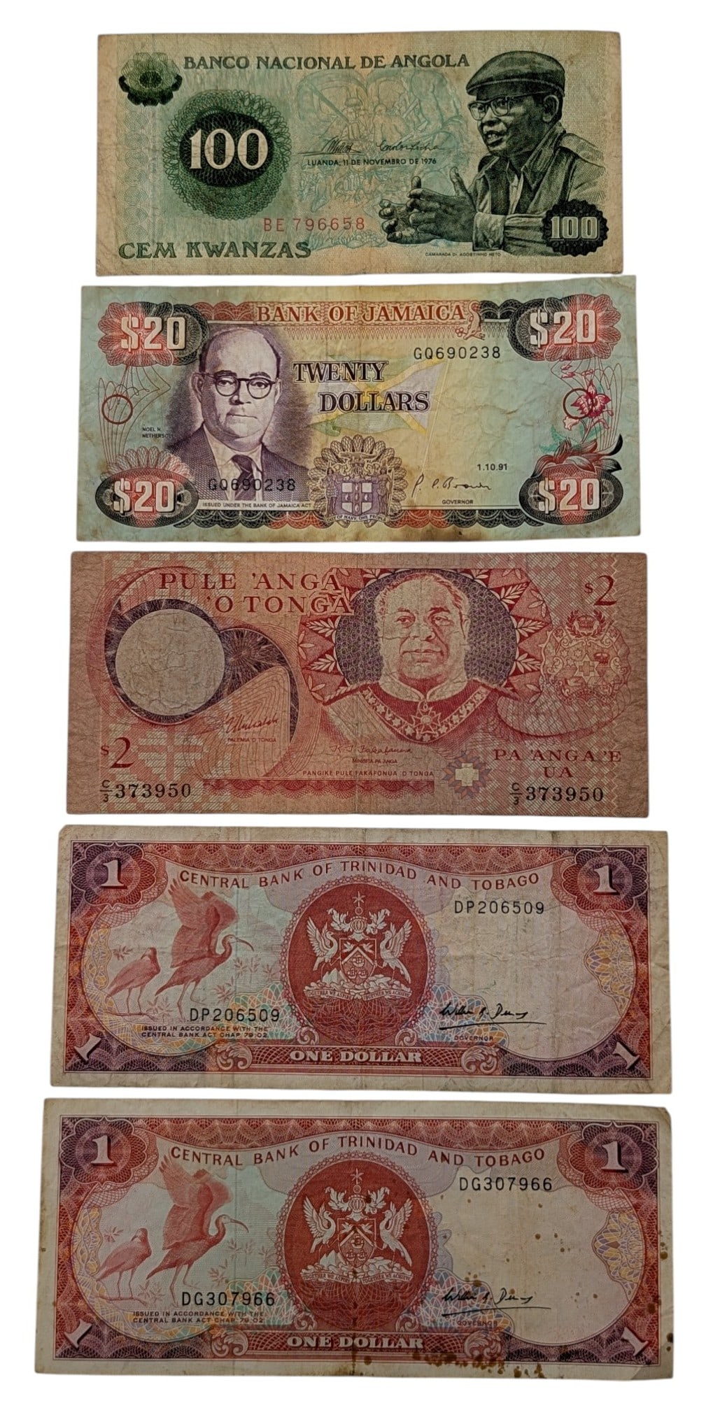 Lot of 5 Notes from Angola, Jamaica, Tonga & Trinidad and Tobago (1 of 2)
