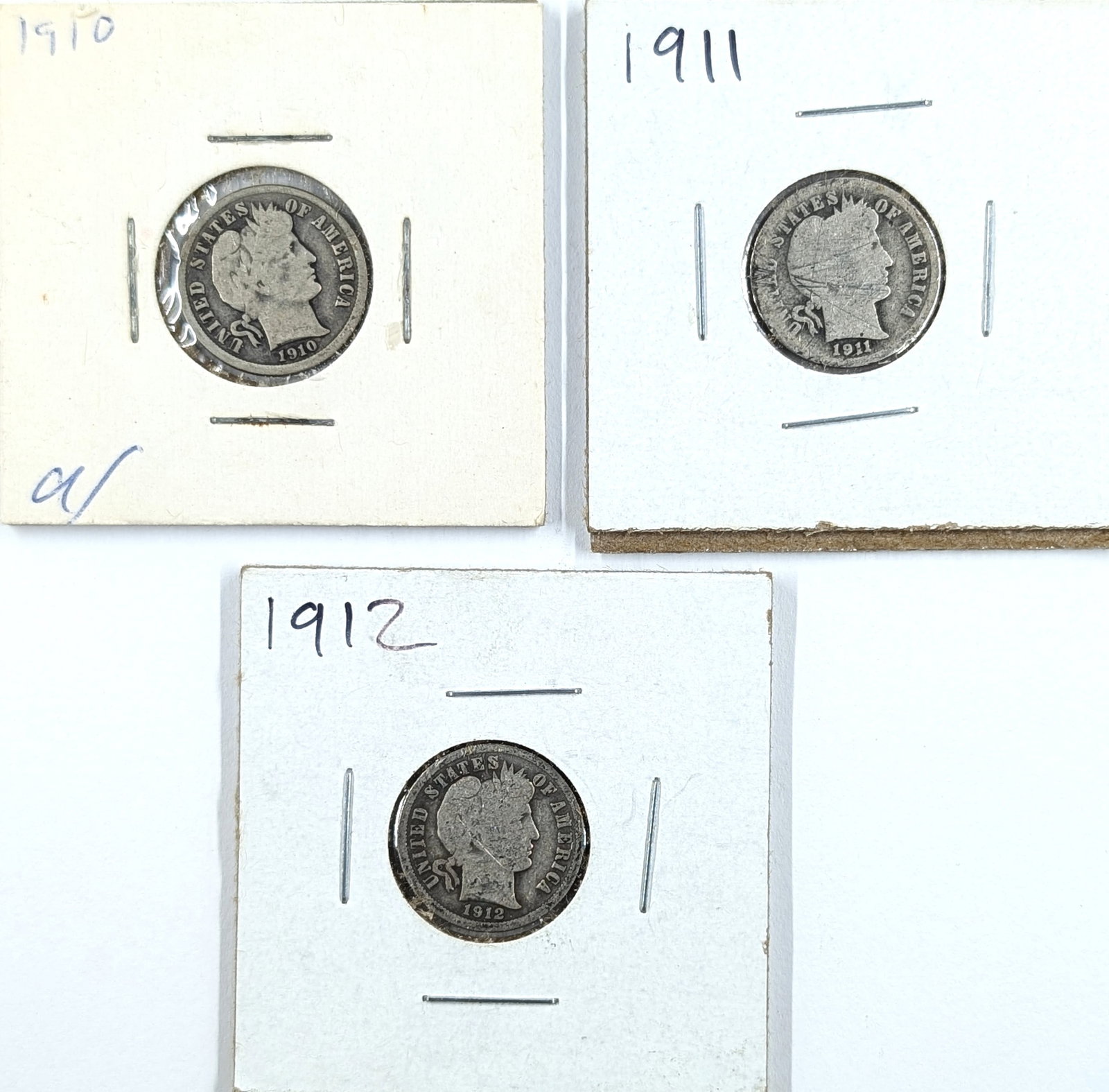Lot of 3 Silver Barber Dimes - 1910, 1911, 1912: Silver