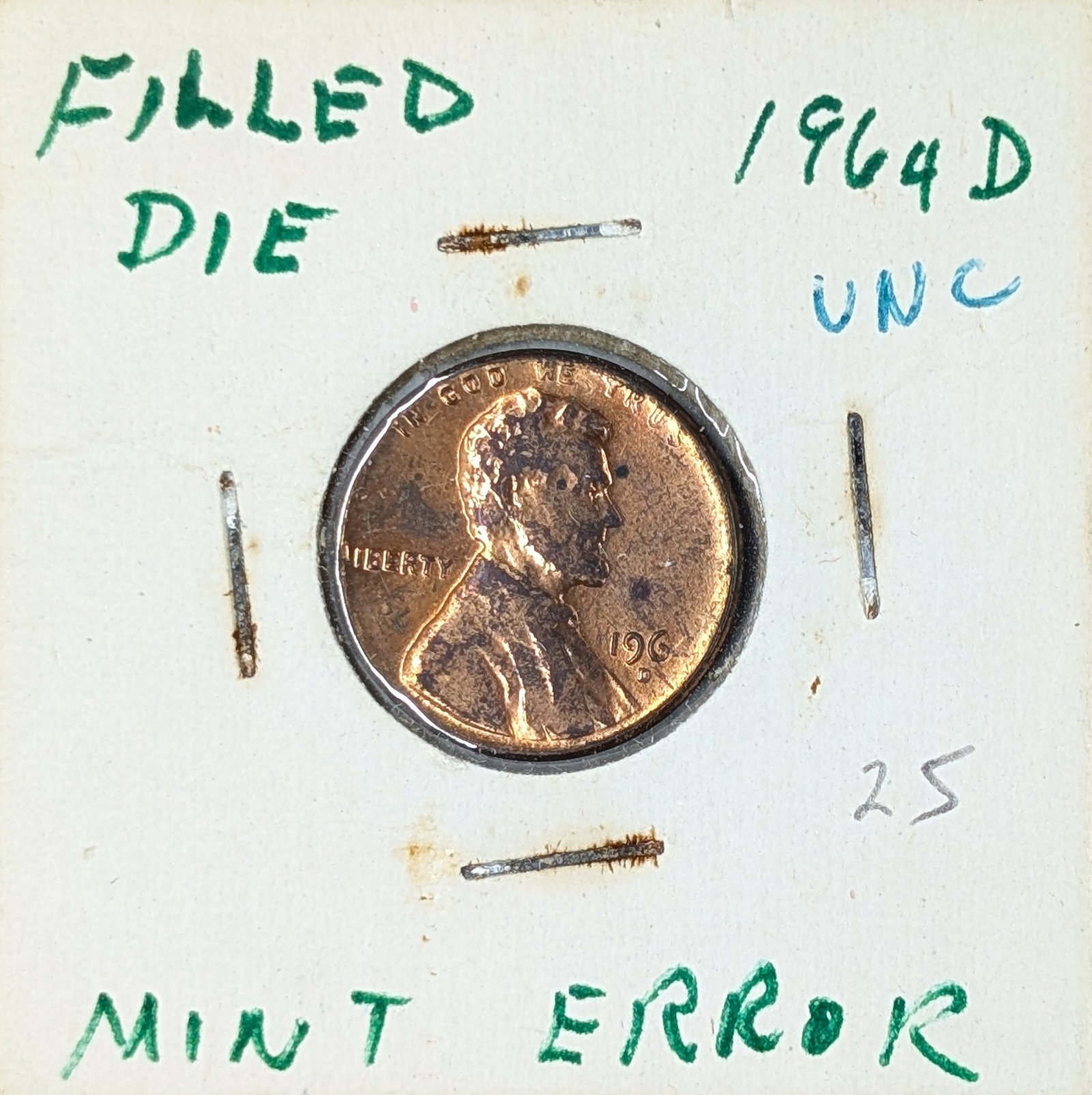 ERROR 1964-D Lincoln Cent - Uncirculated - Filled Die: Coin