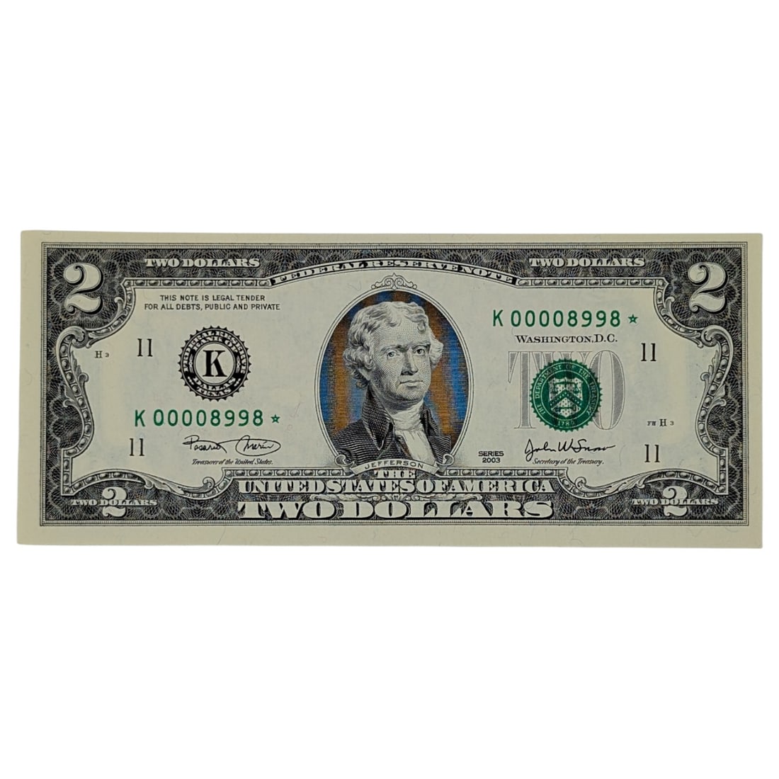 Crisp Uncirculated 2003 $2 Note - Green Seal - Star Note - Early Serial #00008998 (1 of 2)