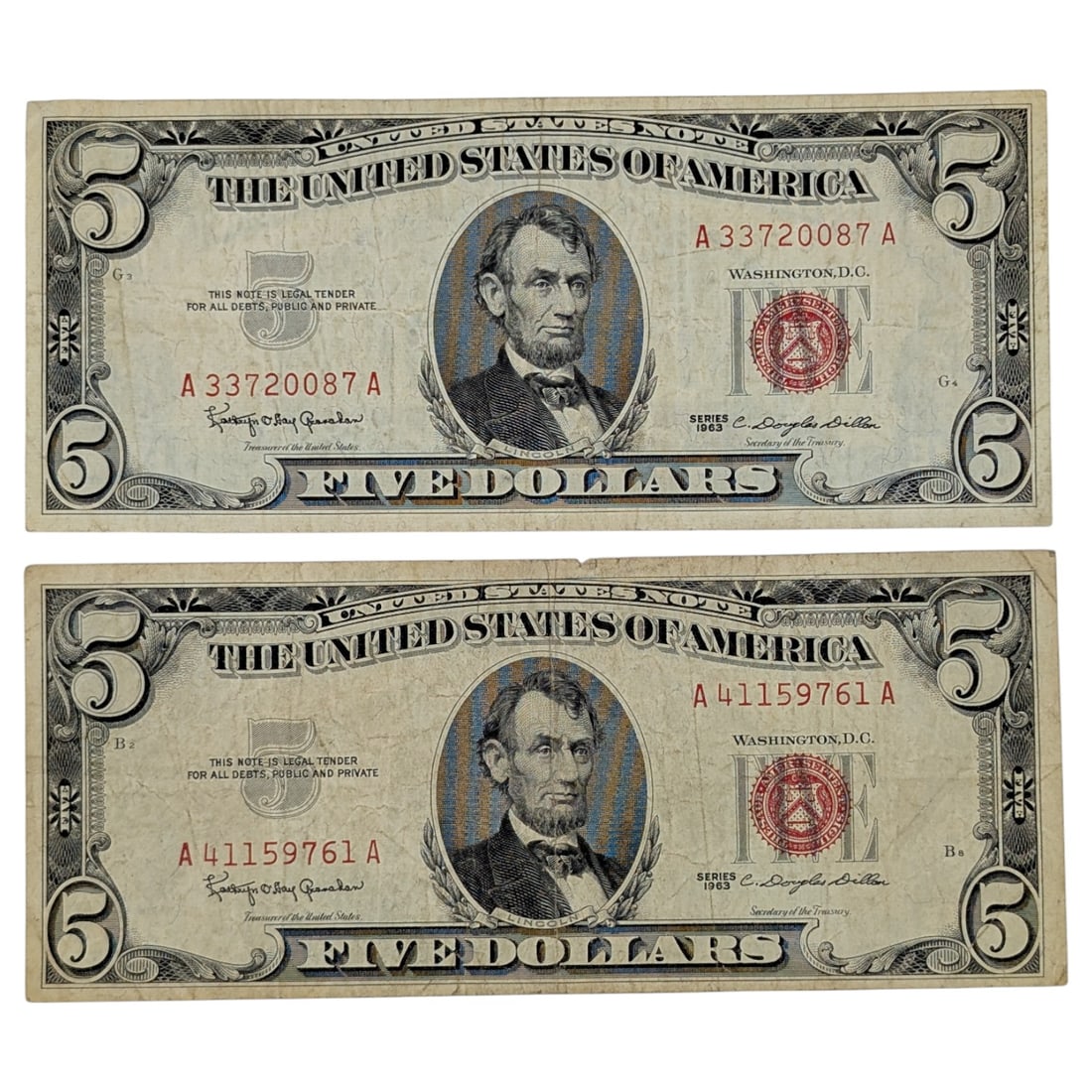 Lot of 2 - 1963 $5 Notes - Red Seals (1 of 2)