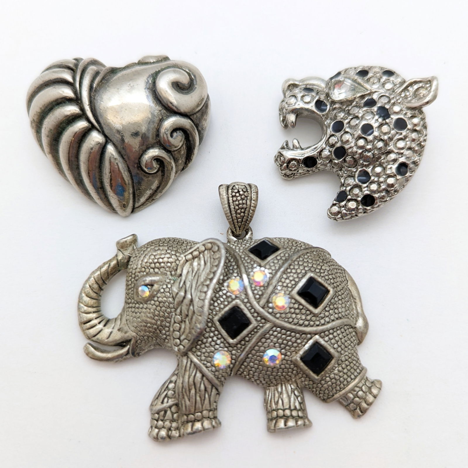 Lot of 3 Costume Pendants - Elephant, Heart, Panther (1 of 5)