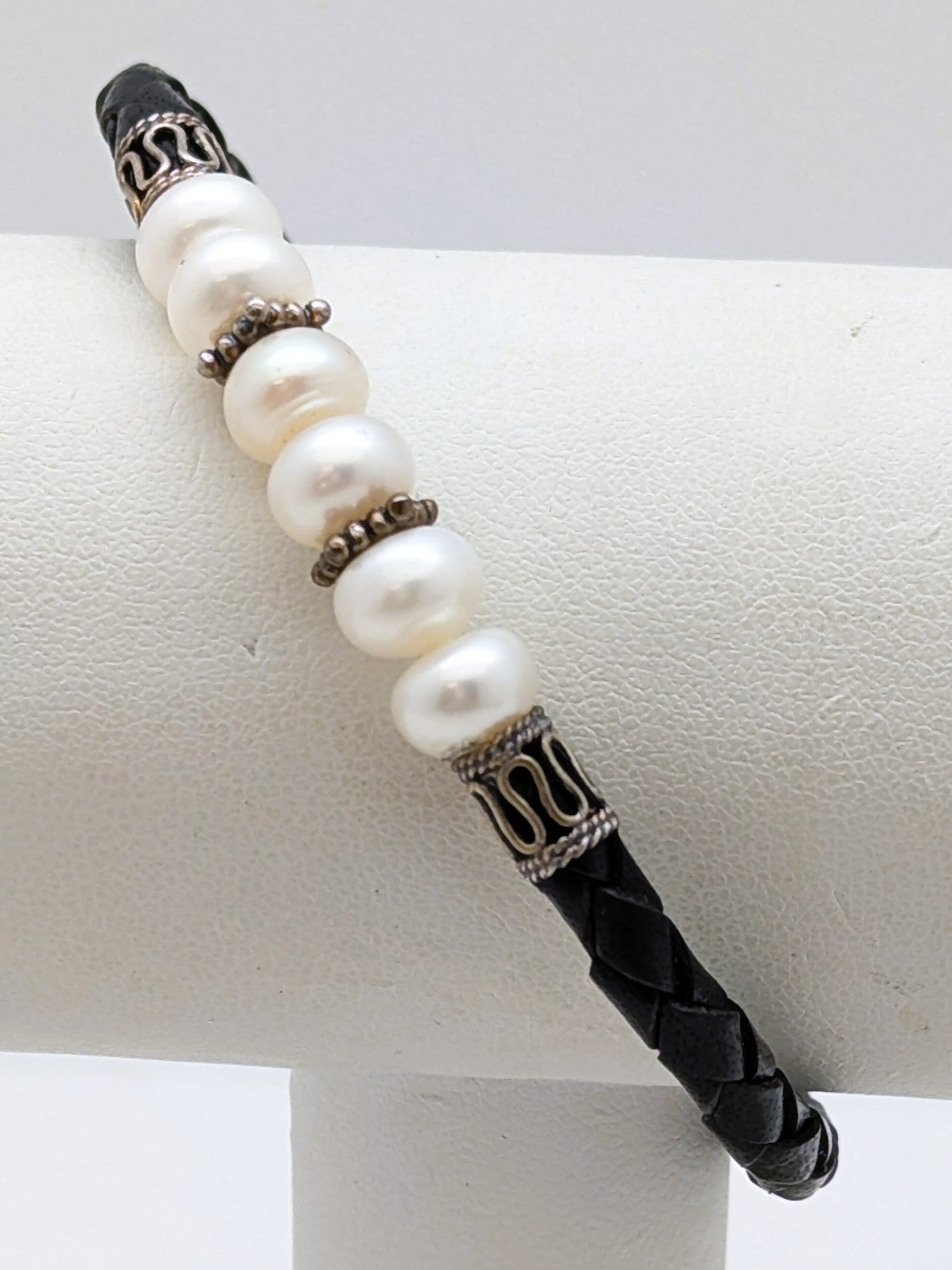 Leather Braided Beaded Ladies Bracelet w/ Sterling Silver Clasp (1 of 6)