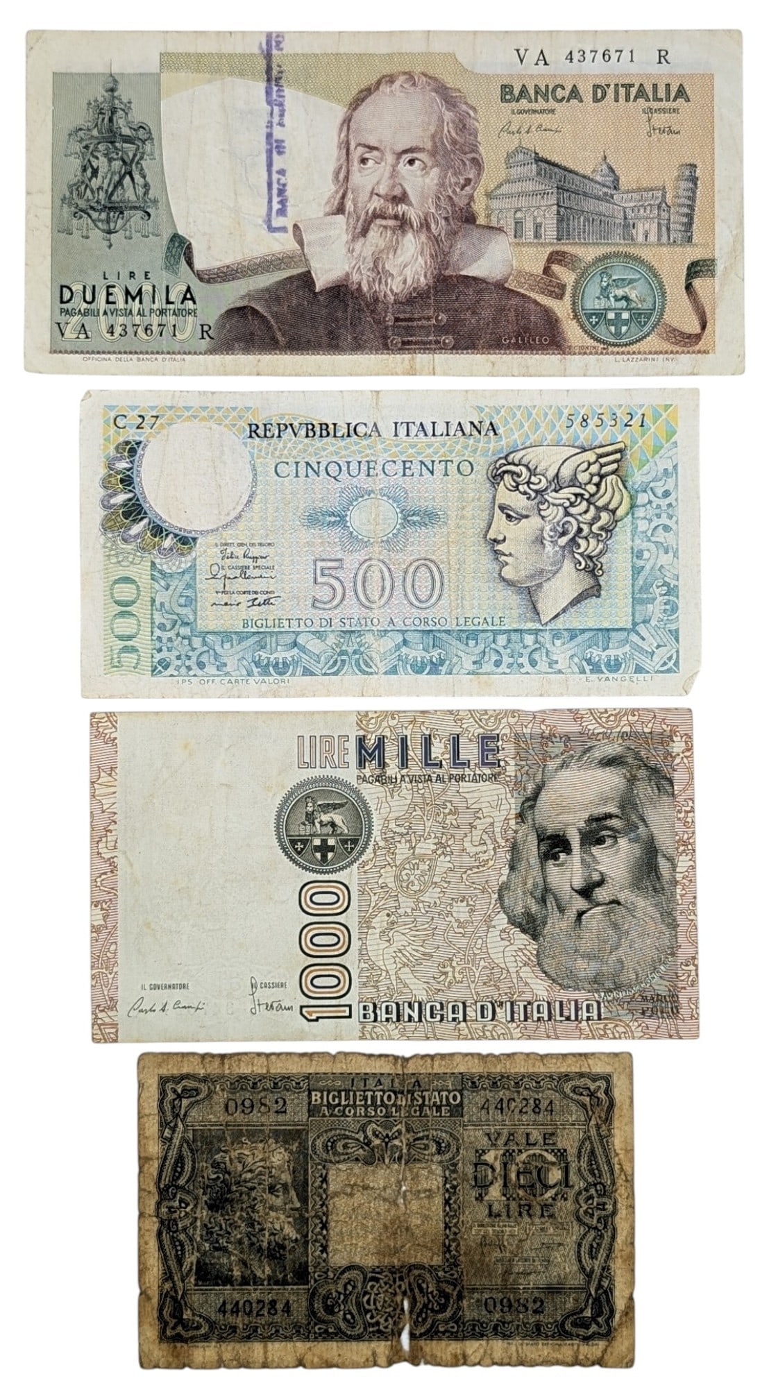 Lot of 4 Italian Notes - $2000, $1000, $500, $10: Heavily Circulated Condition