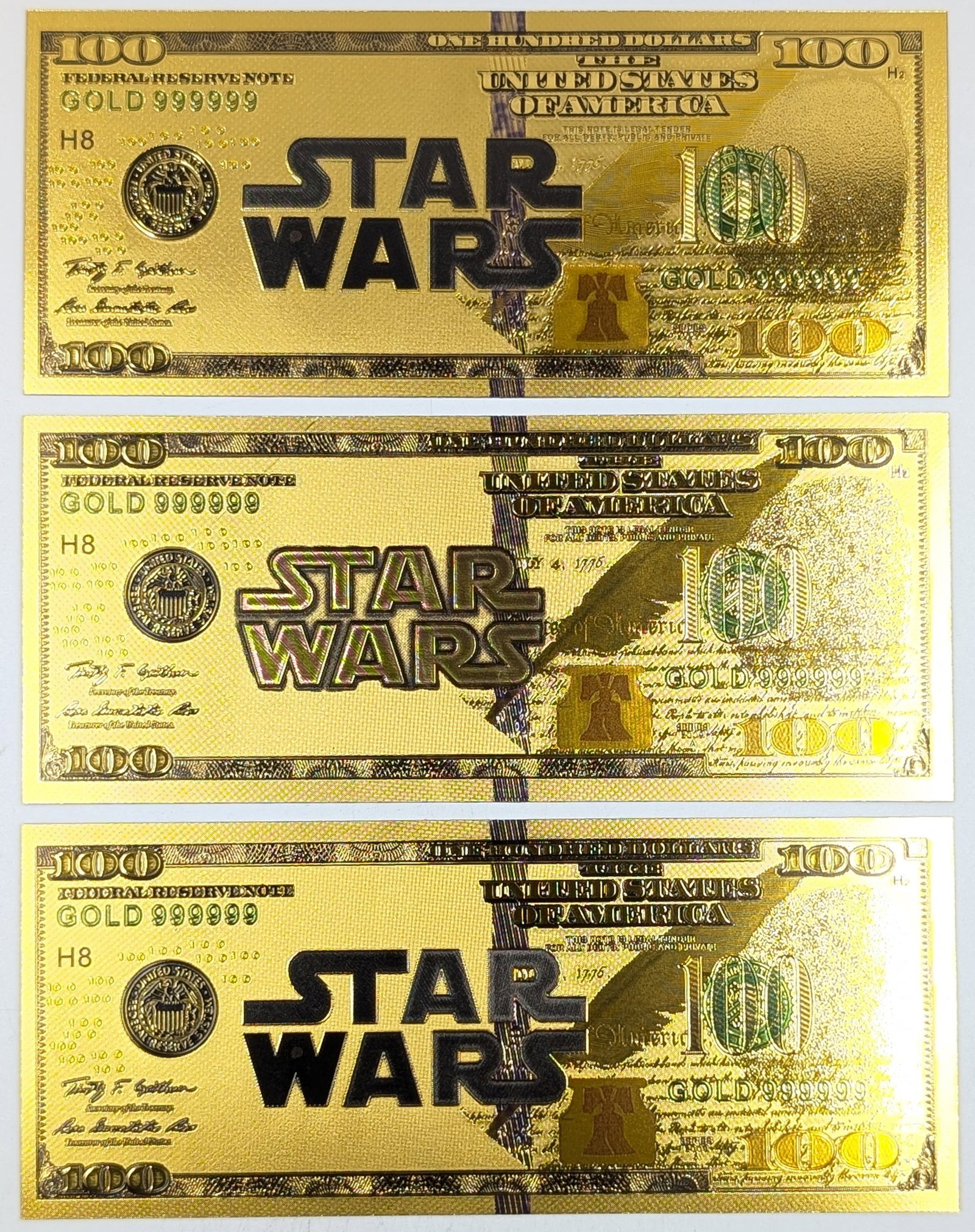 Lot of 3 Star Wars Gold foil $100 design: Gold foil
