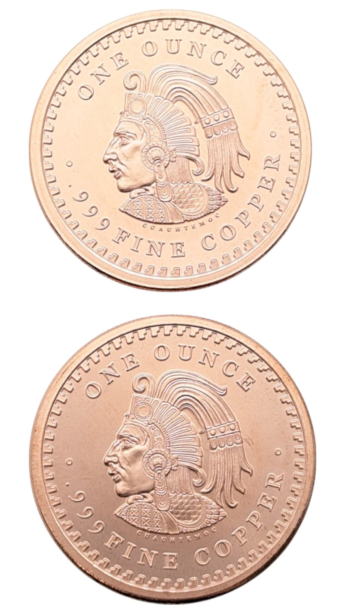 Lot of 2 - 1 Ounce Fine .999 Copper Rounds - Aztec: Copper