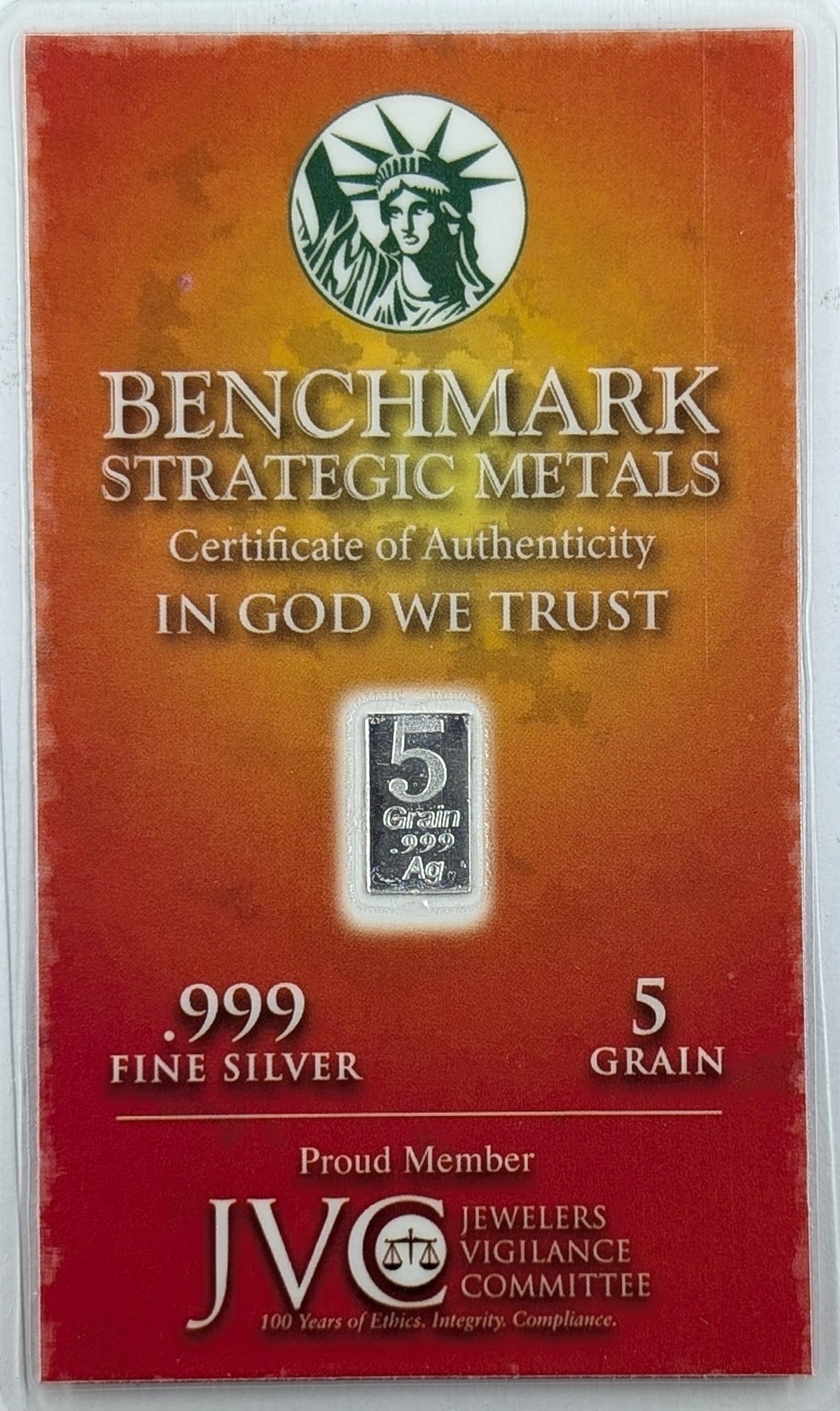 5 Grain .999 Silver Bars - Benchmark Strategic Metals: Silver