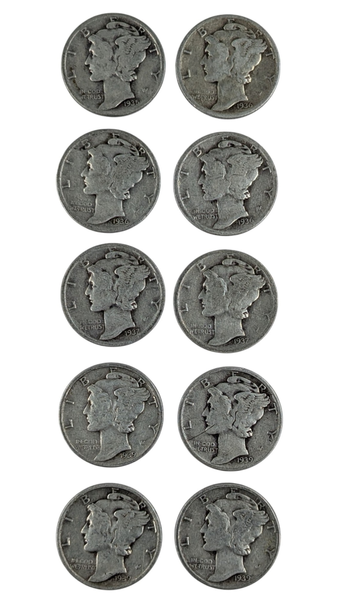 Lot of 10 Silver Mercury Dimes - 1935-1939: Silver