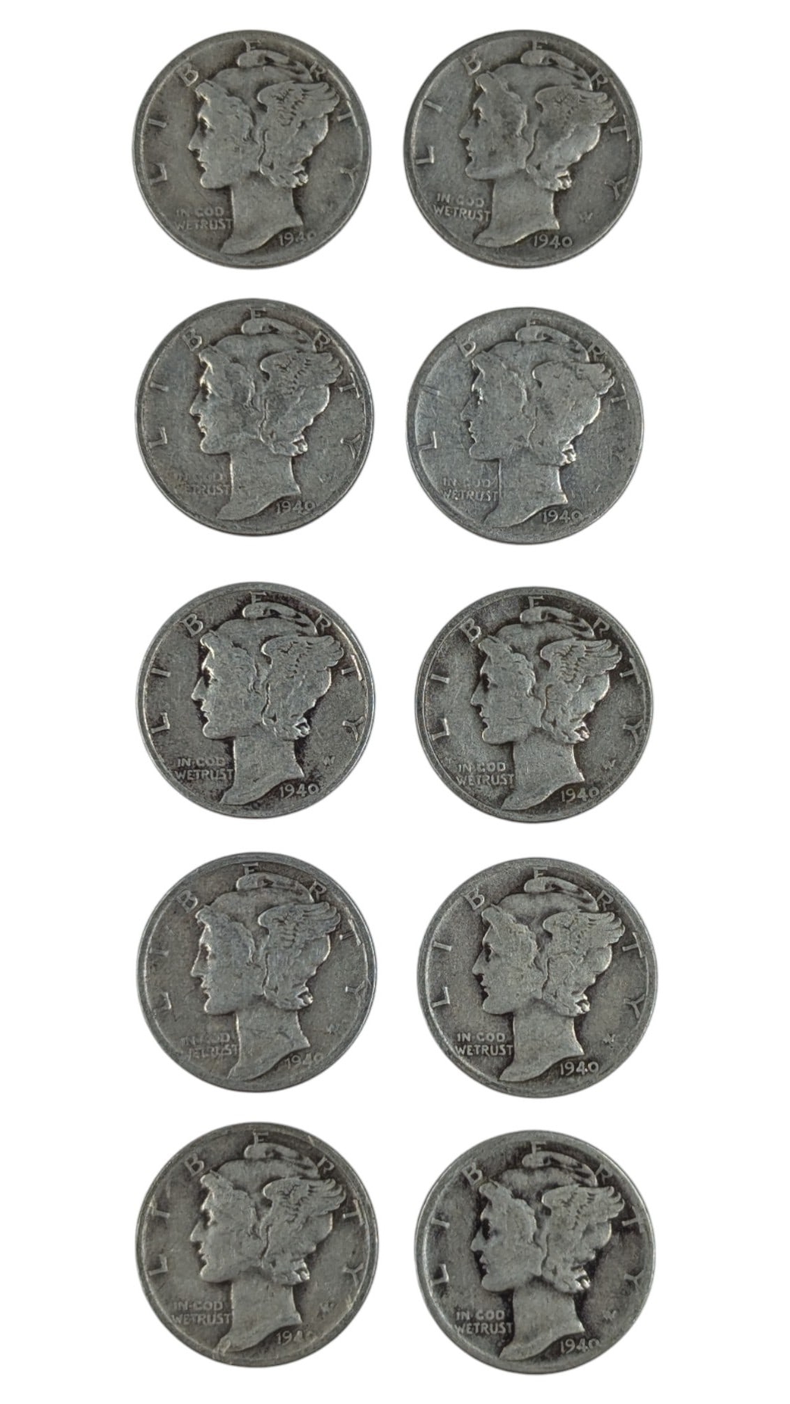 Lot of 10 Silver Mercury Dimes - 1940 P/D/S (1 of 2)