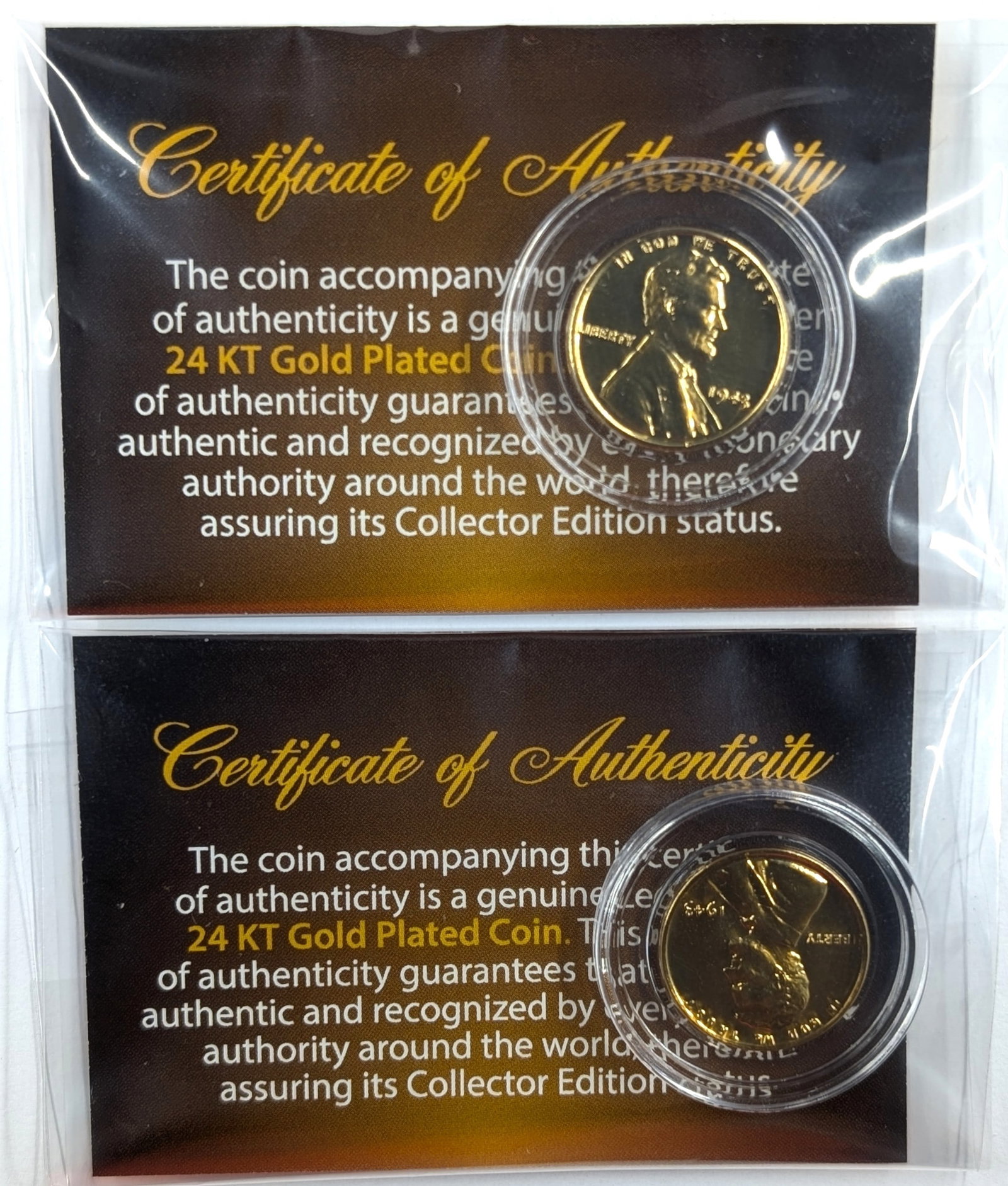 Lot of 2 - 24K Gold plated Lincoln Cents w/ COAs: Coin