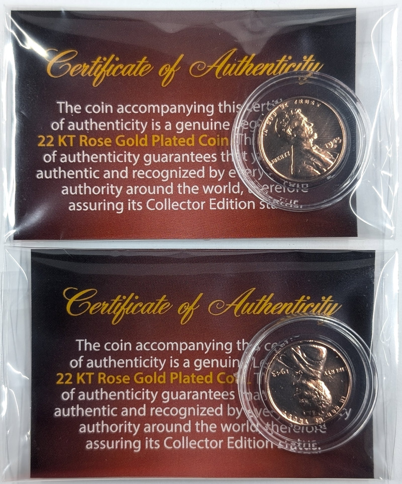 Lot of 2 - 22K Rose Gold plated Lincoln Cents w/ COAs: Coin