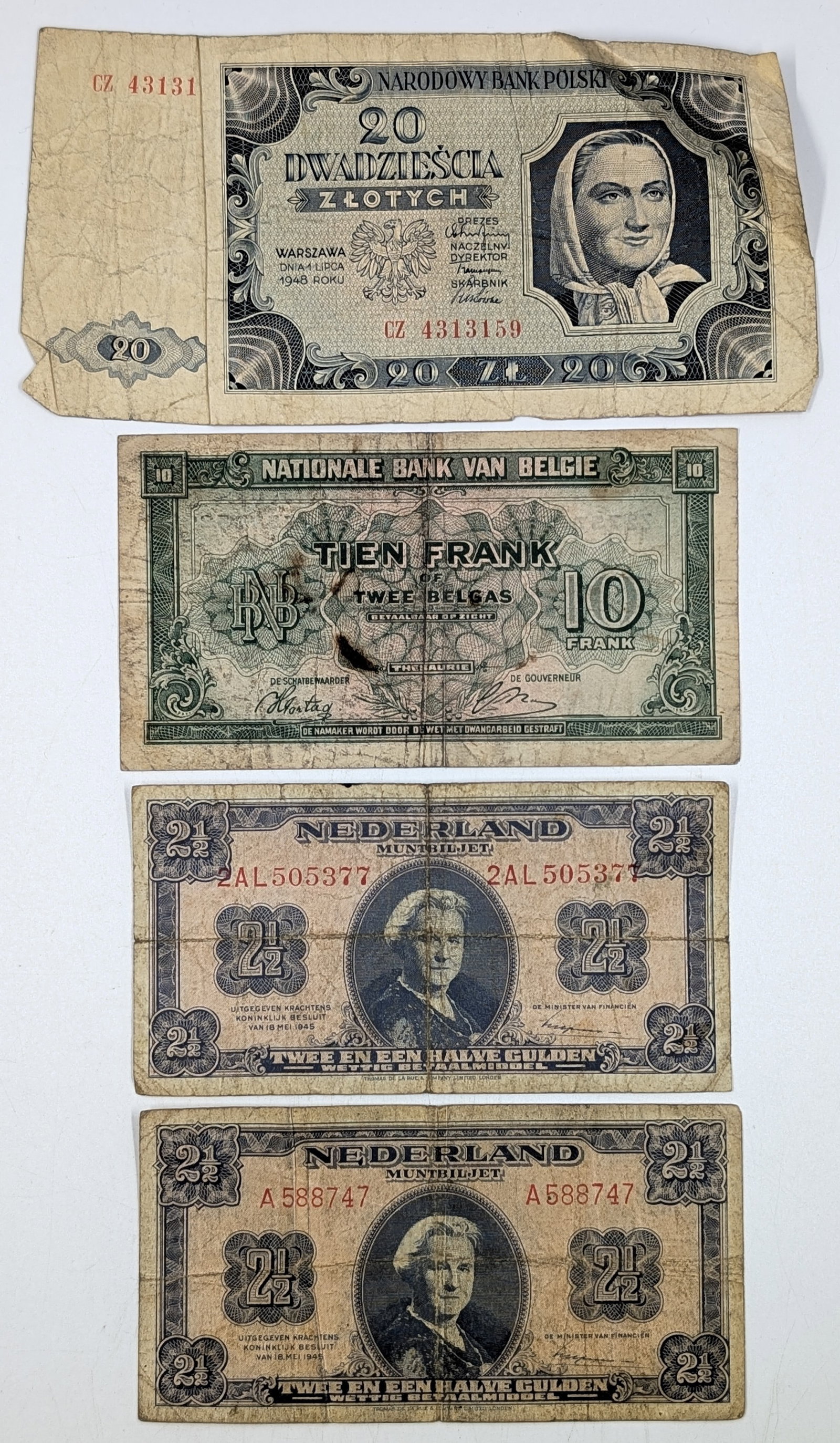 Lot of 4 Foreign Currency Notes - Poland, Belgium, Netherlands: Heavily Circulated Condition
