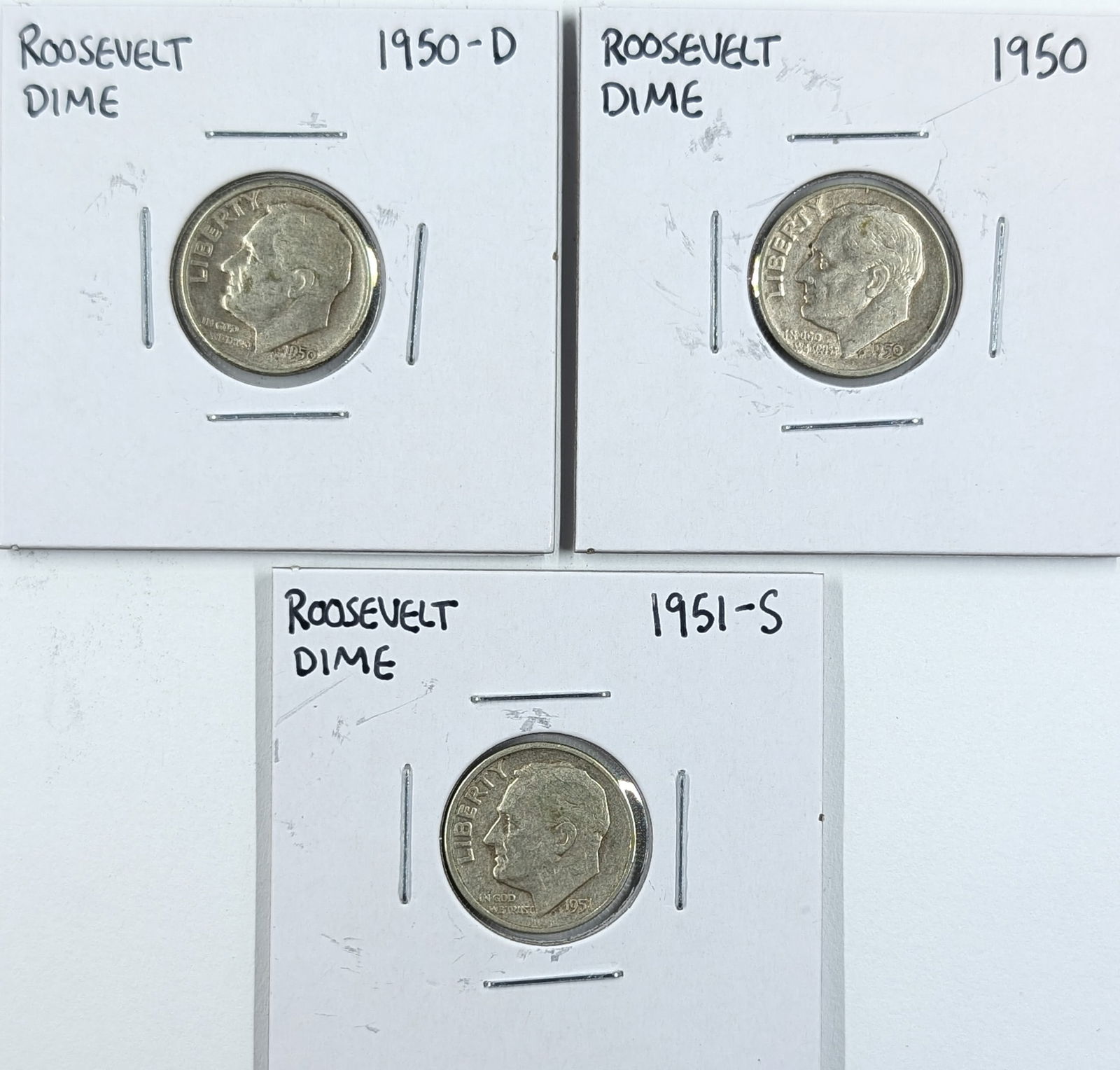 Lot of 3 Silver Roosevelt Dimes - 1950 P/D, 1951-S (1 of 2)