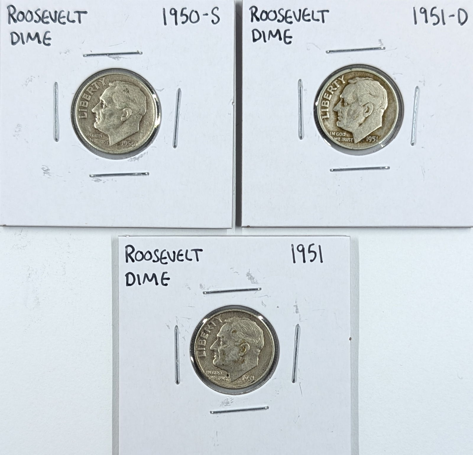 Lot of 3 Silver Roosevelt Dimes - 1950-S, 1951 P/D (1 of 2)