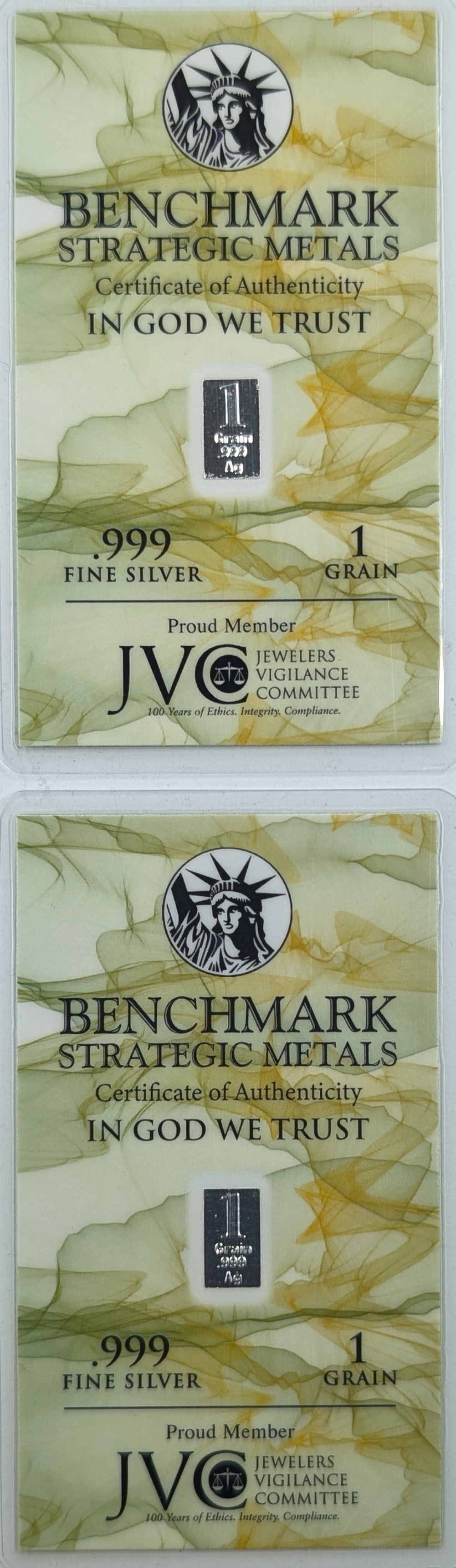 Lot of 2 - 1 Grain (each) .999 Silver Bars - Benchmark Strategic Metals: Silver