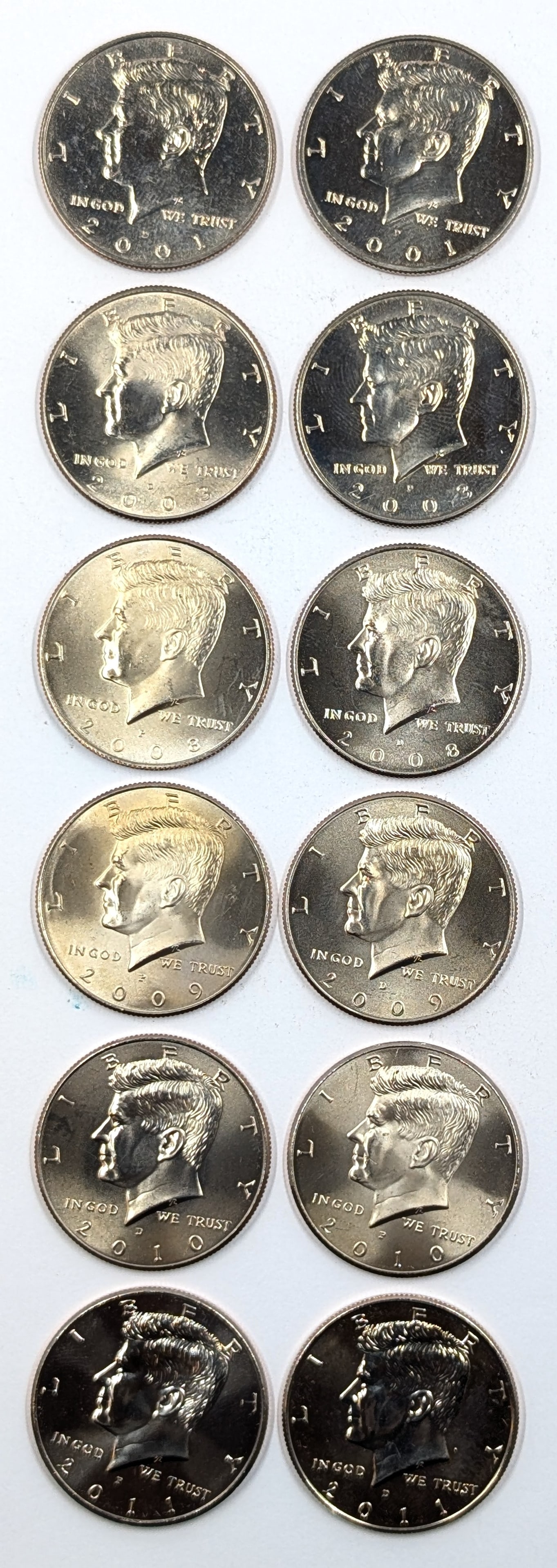 Lot of 12 Uncirculated John F Kennedy Half Dollars - 2001-2011: Coin
