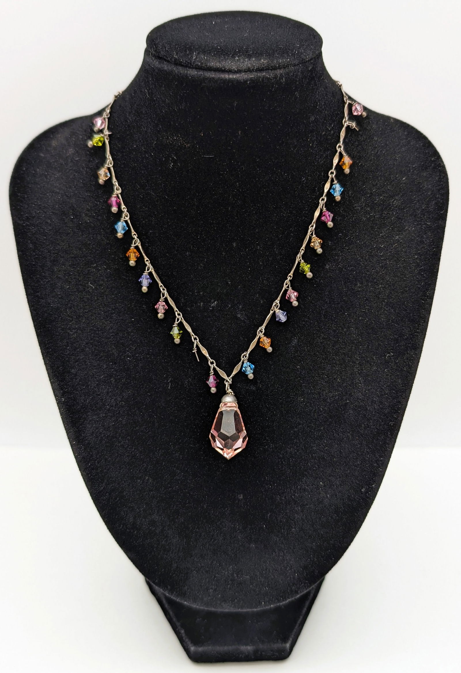 Multi-color Rhinestone Pink Teardrop Crystal Ladies Necklace: Necklace is missing 2 rhinestones and a clasp. Length: 15in