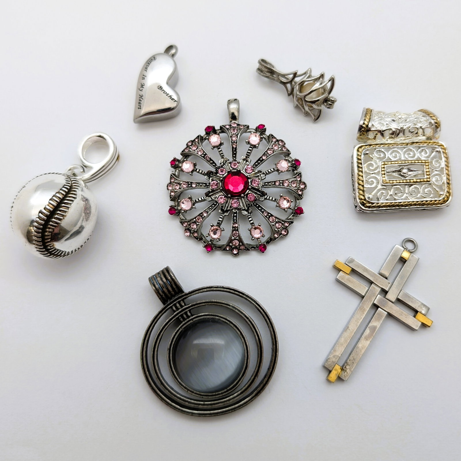Lot of 7 Costume Ladies Pendants - Cross, Heart, Pearl Christmas Tree: Jewelry