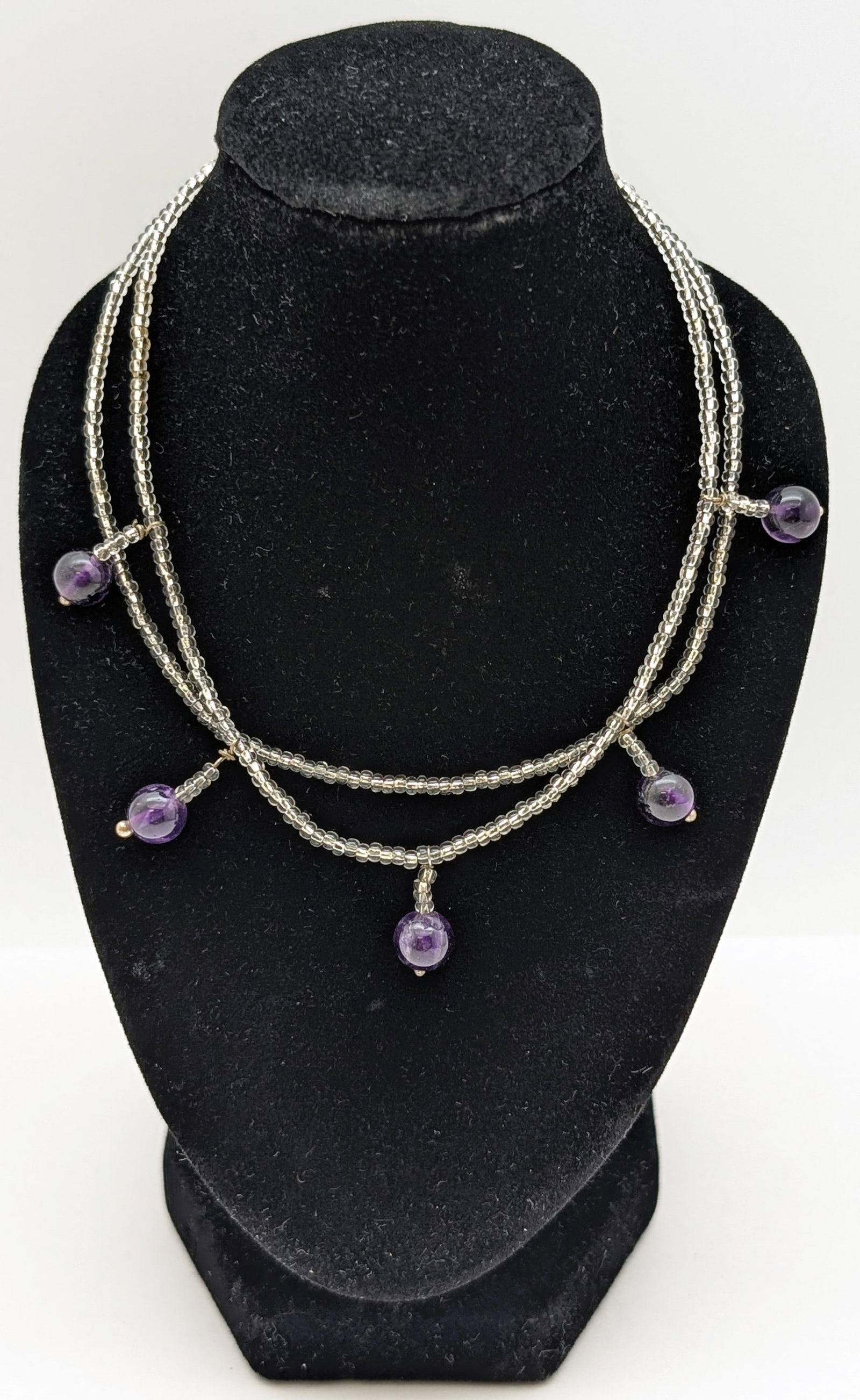 Purple & Clear Beaded Childs Necklace w/ Sterling Silver Clasp: Necklace is small for a child or could be wrapped as a bracelet.