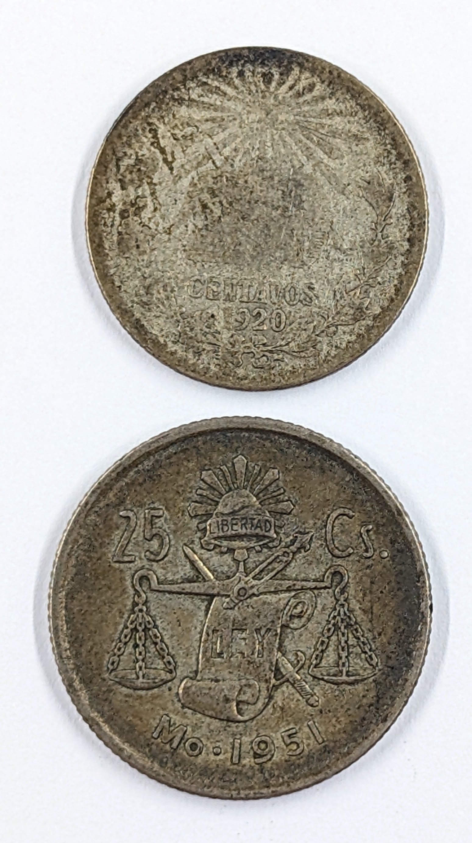 Lot of 2 Silver Mexico Coins - 1920 20 Centavos & 1951 25 Centavos (1 of 2)