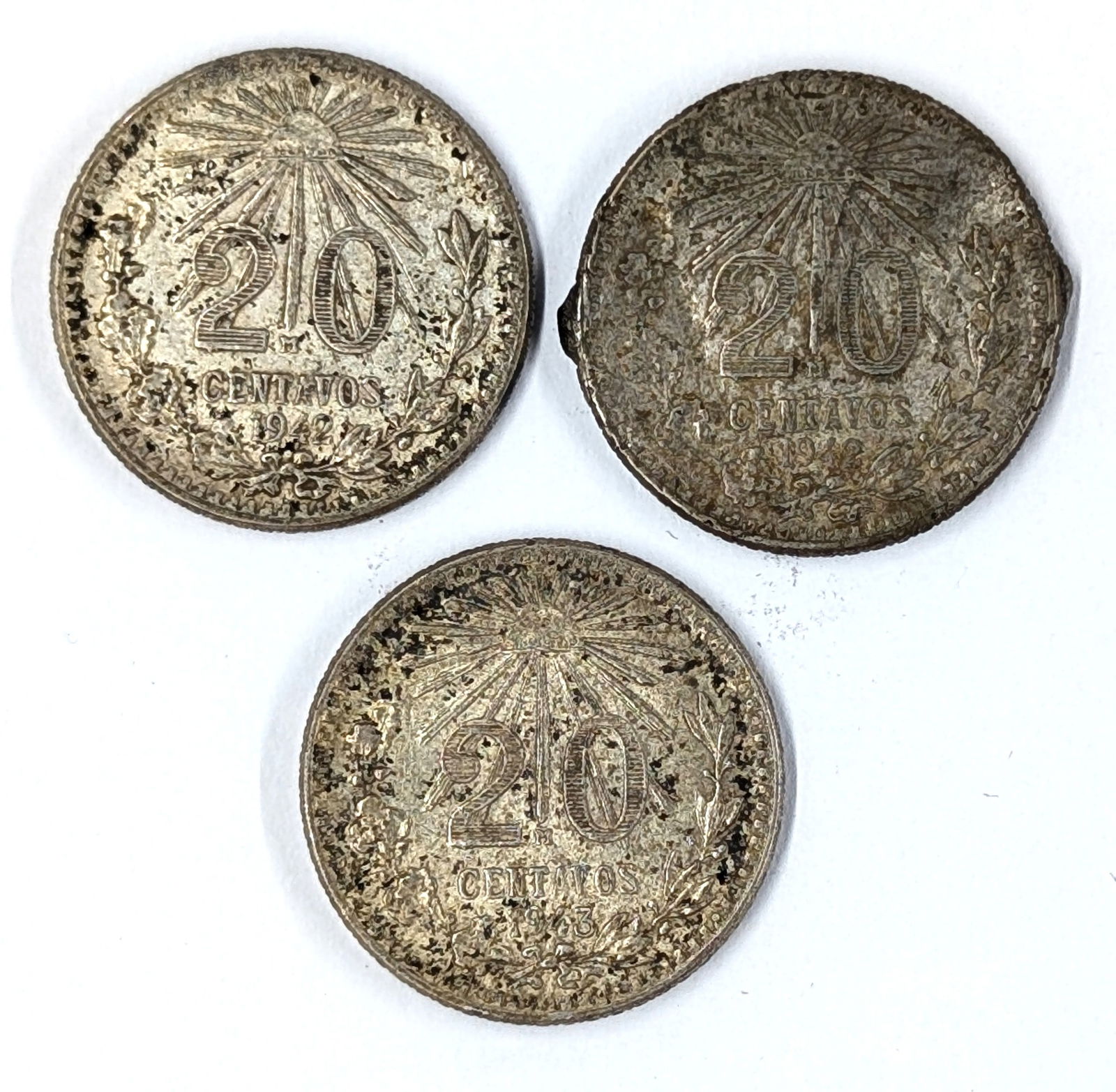 Lot of 3 Silver Mexico 20 Centavos - 1942(2), 1943 (1 of 2)