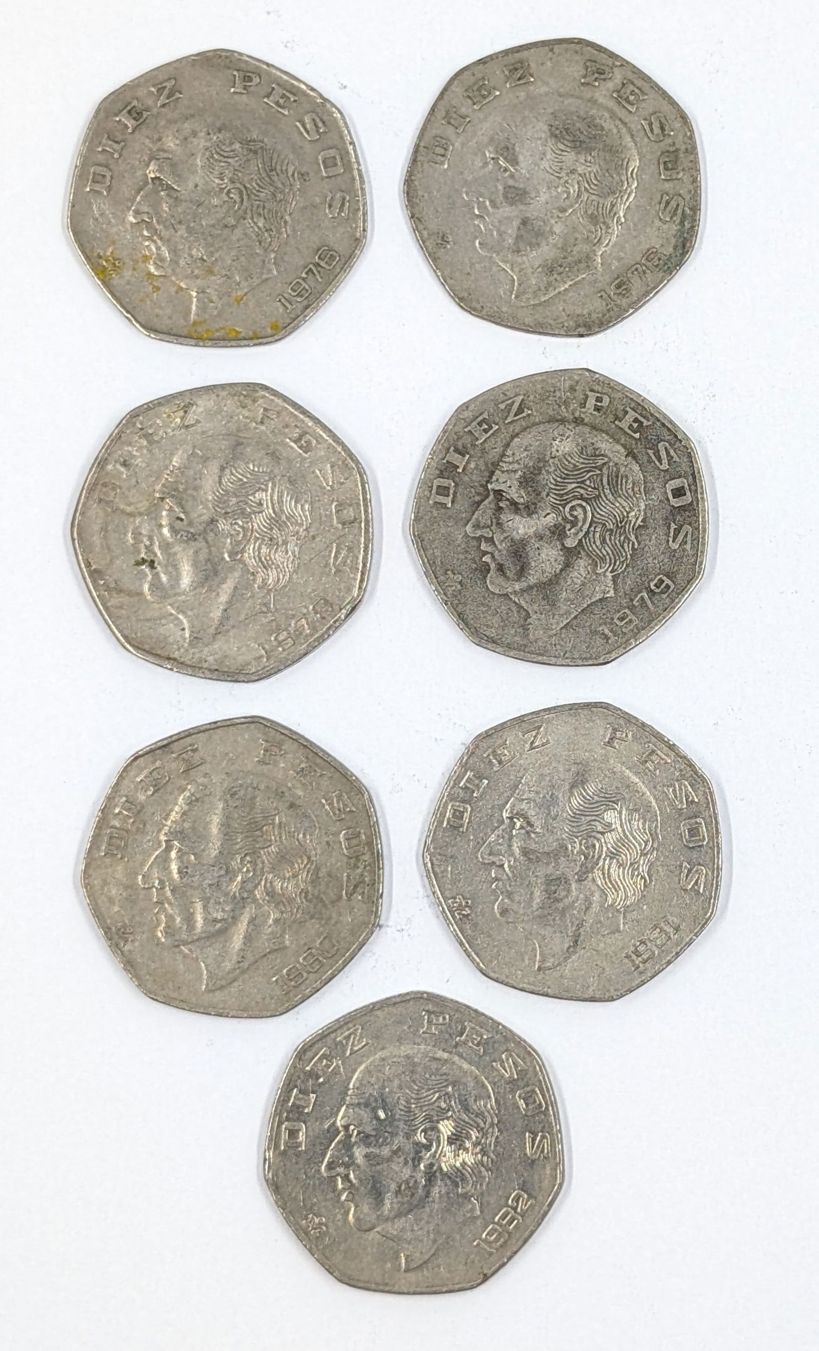 Lot of 7 Mexico 10 Pesos Coins - 1976-1982 (1 of 2)