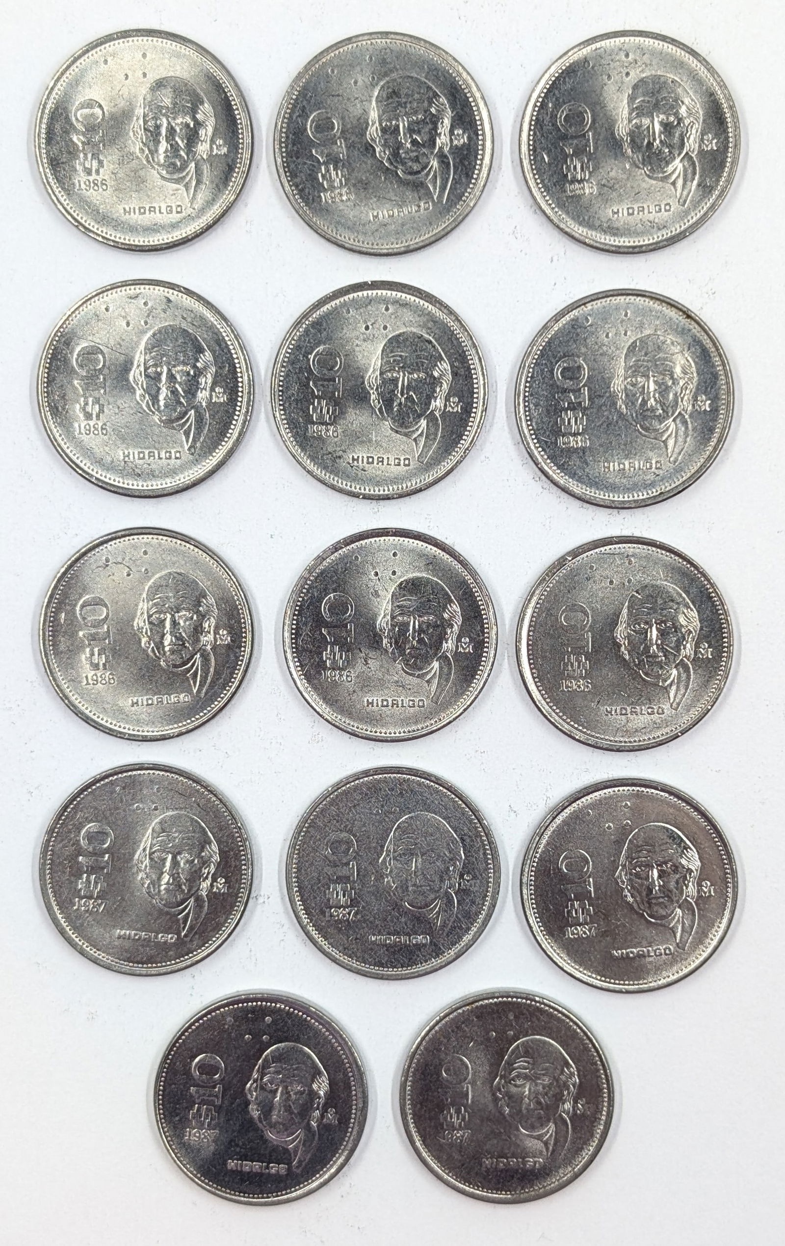 Lot of 14 Mexico $10 Coins - 1986 & 1987 (1 of 2)
