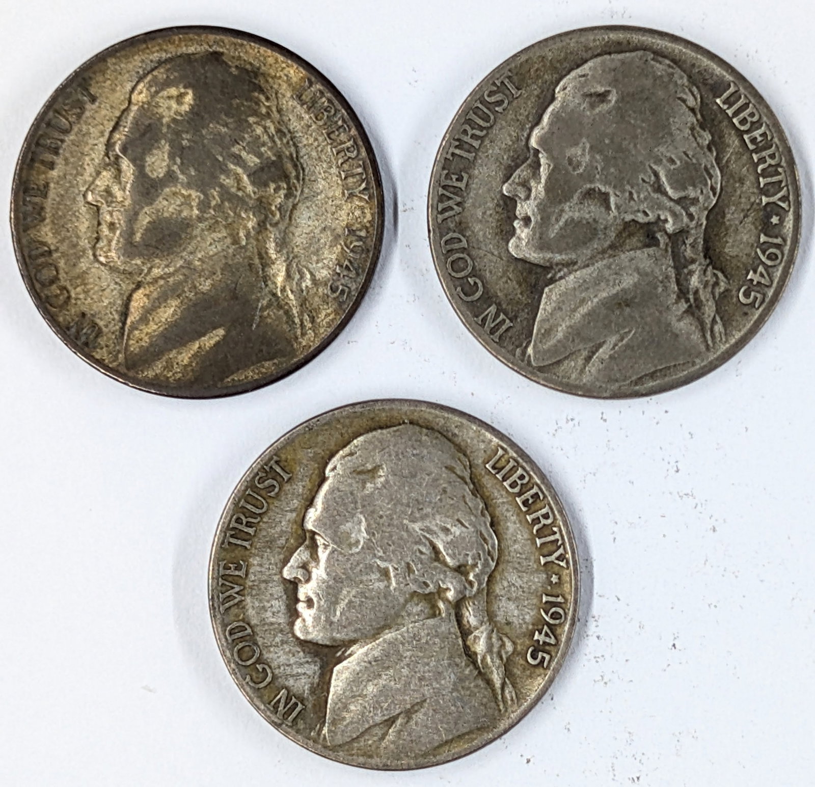 Lot of 3 Silver War Nickels - 1945 S,D,P: Silver