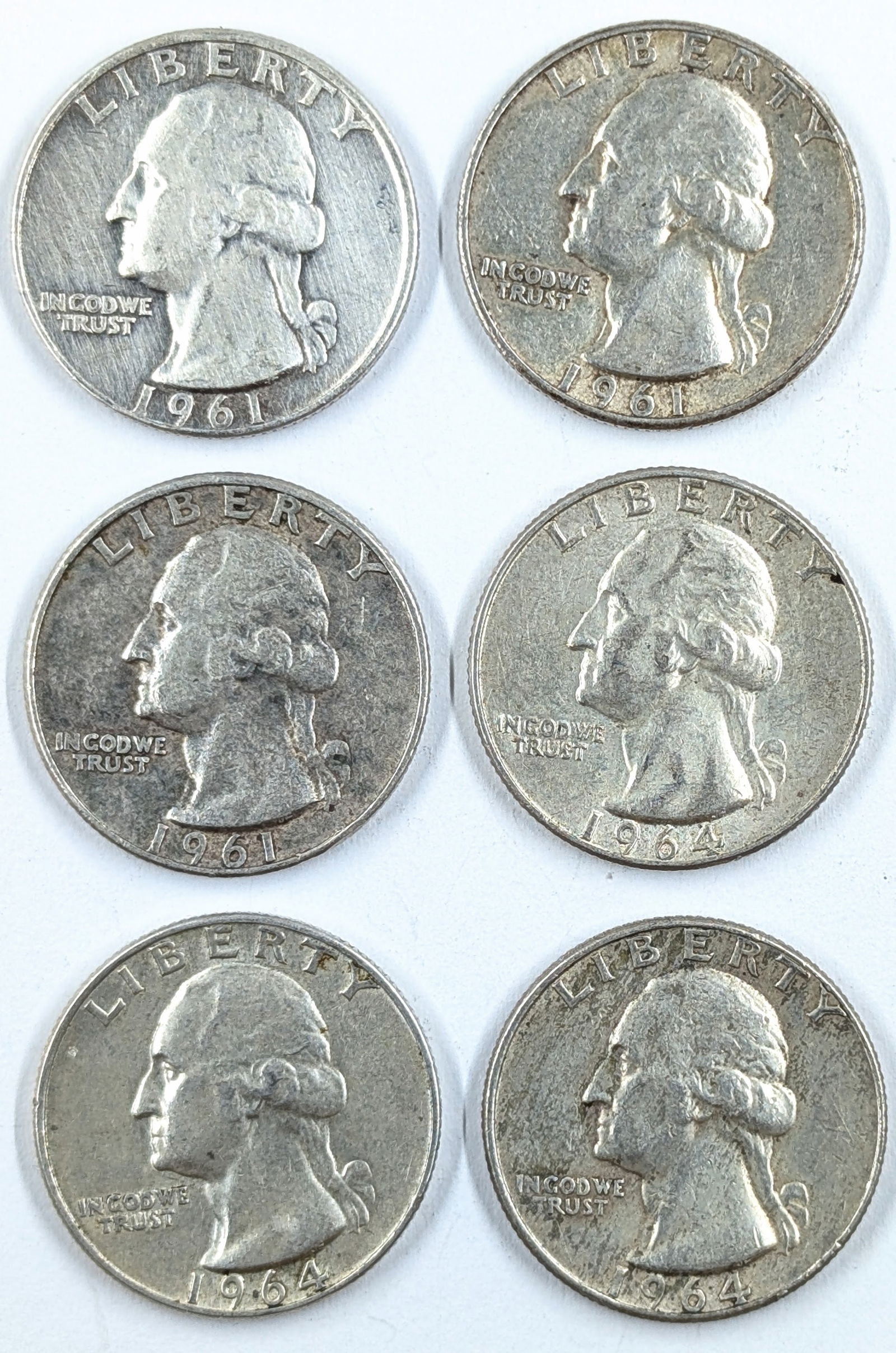 Lot of 6 Silver Washington Quarters - 1961-1964 (1 of 2)