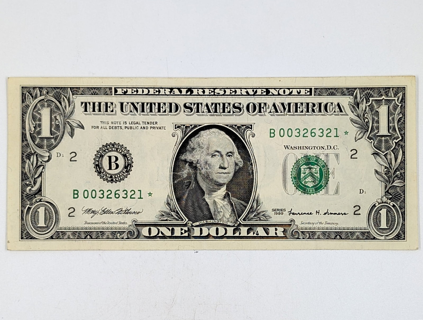 Uncirculated 1999 $1 Note - Green Seal - Star Note - Early Serial #00326321: Currency