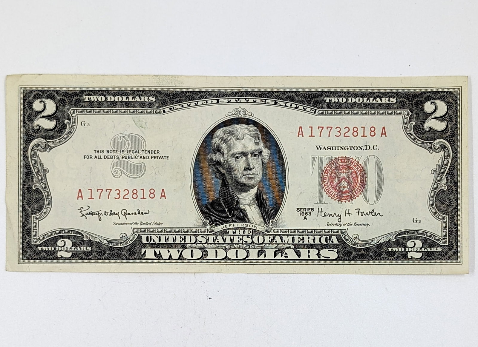 Uncirculated 1963-A $2 Note - Red Seal - XF, Great Condition!: Currency