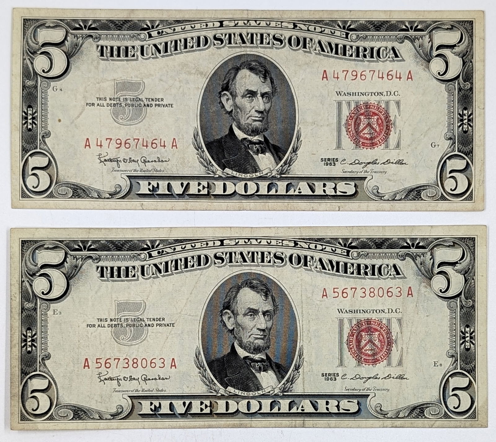 Lot of 2- 1963 $5 Notes - Red Seals (1 of 2)