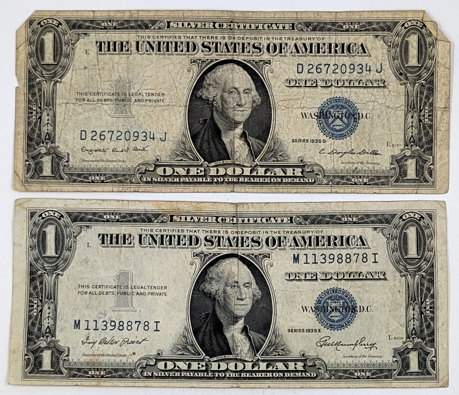 Lot of 2 - 1935 G/E $1 Notes - Silver Certificates (1 of 2)