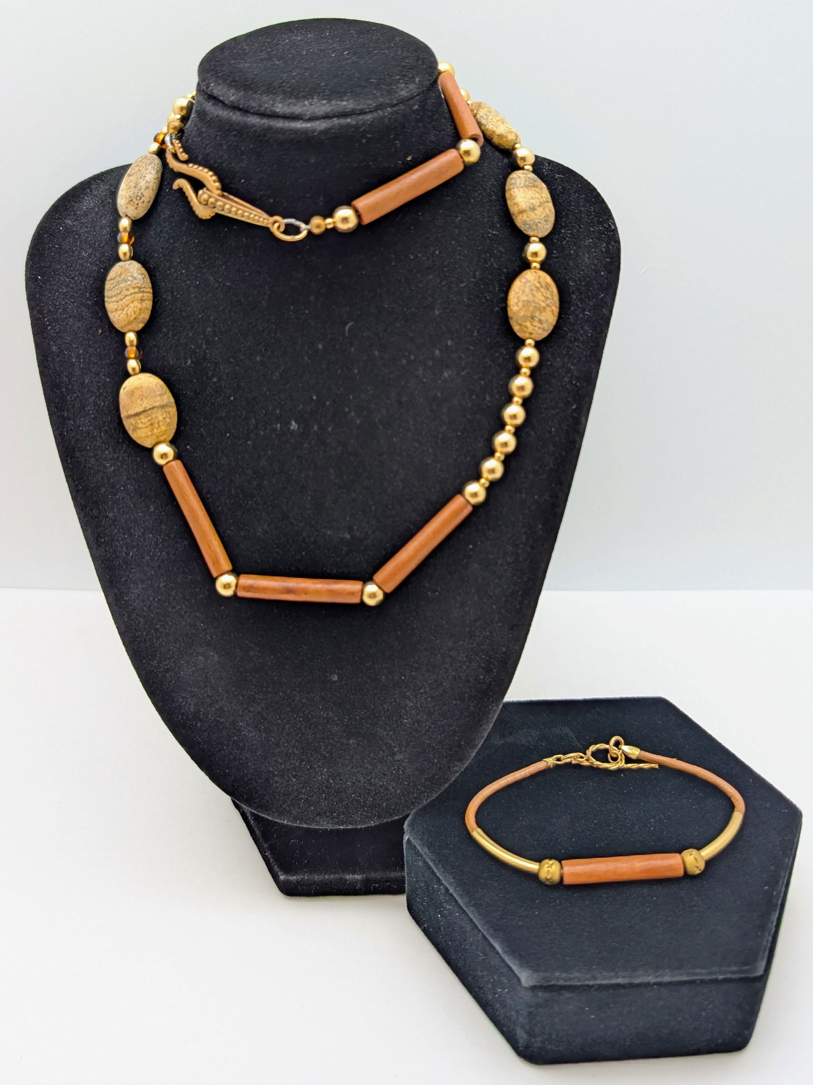 Wood & Beaded Necklace & Bracelet Ladies Set w/ 14K Gold filled Clasp (1 of 9)