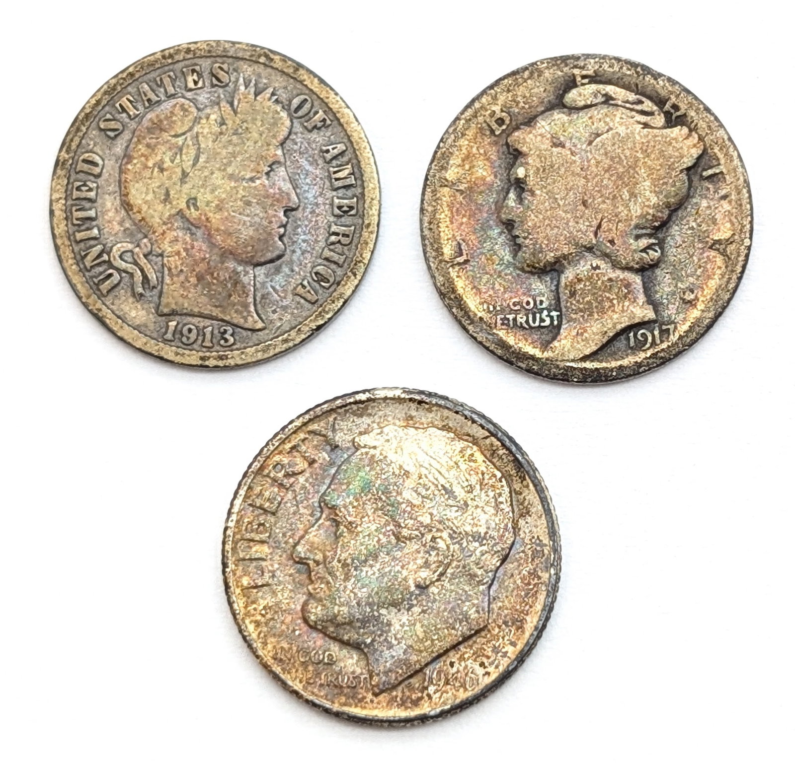 Lot of 3 Toned Dimes - 1913 Barber, 1917 Mercury, 1946 Roosevelt: Silver