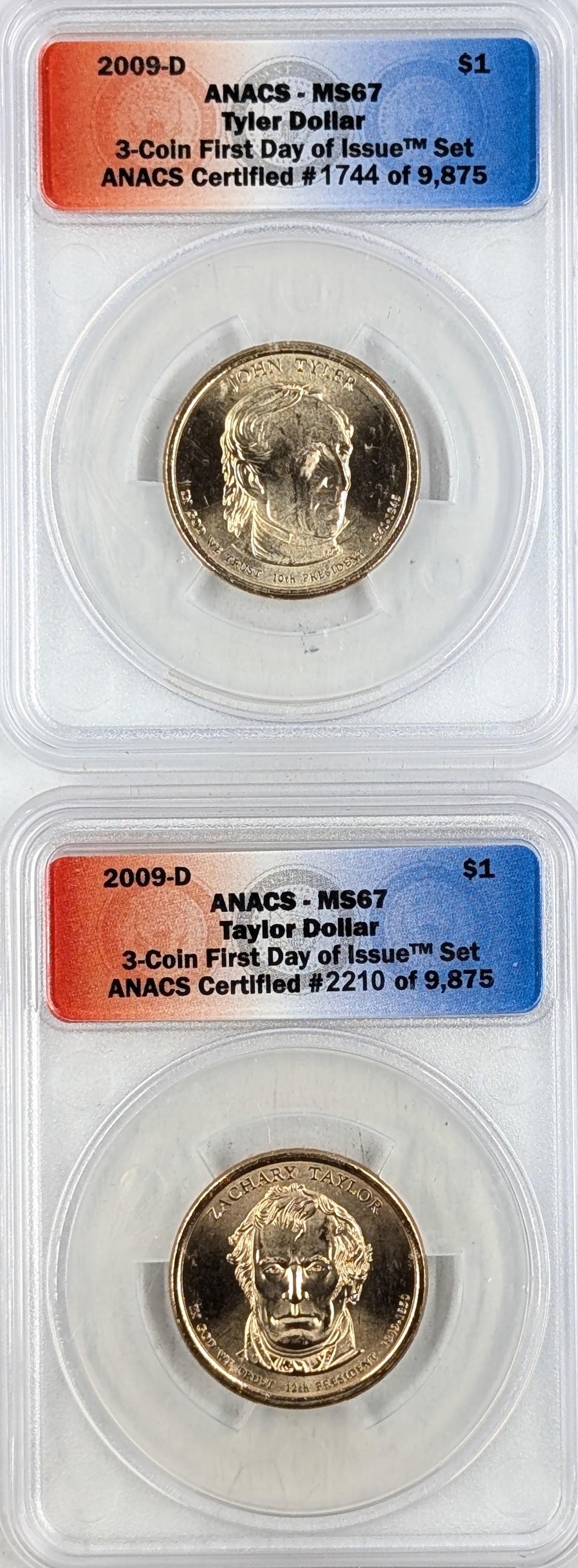 Lot of 2 ANACS 2009-D MS67 Presidential Dollars - Tyler & Taylor - First Day of Issue: Coin