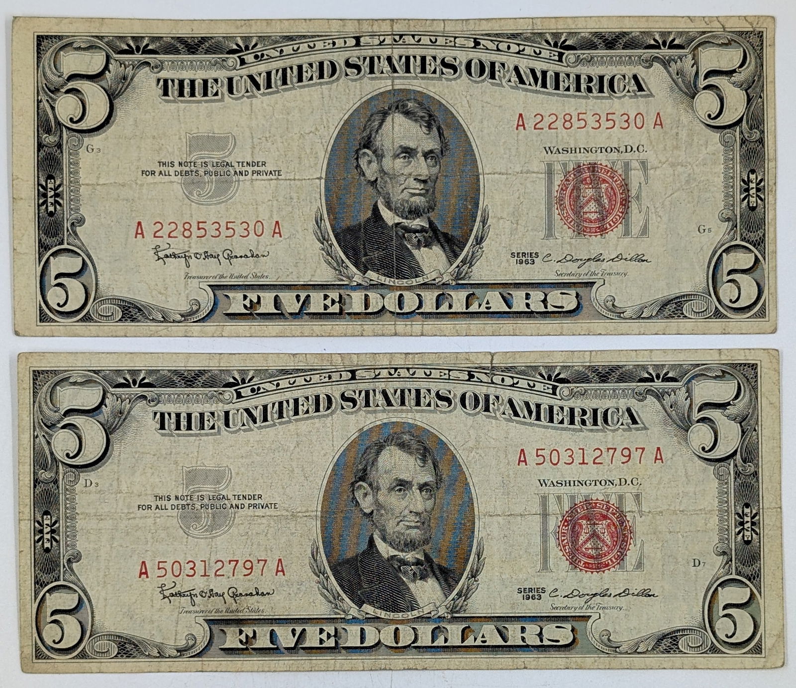 Lot of 2- 1963 $5 Notes - Red Seals (1 of 2)